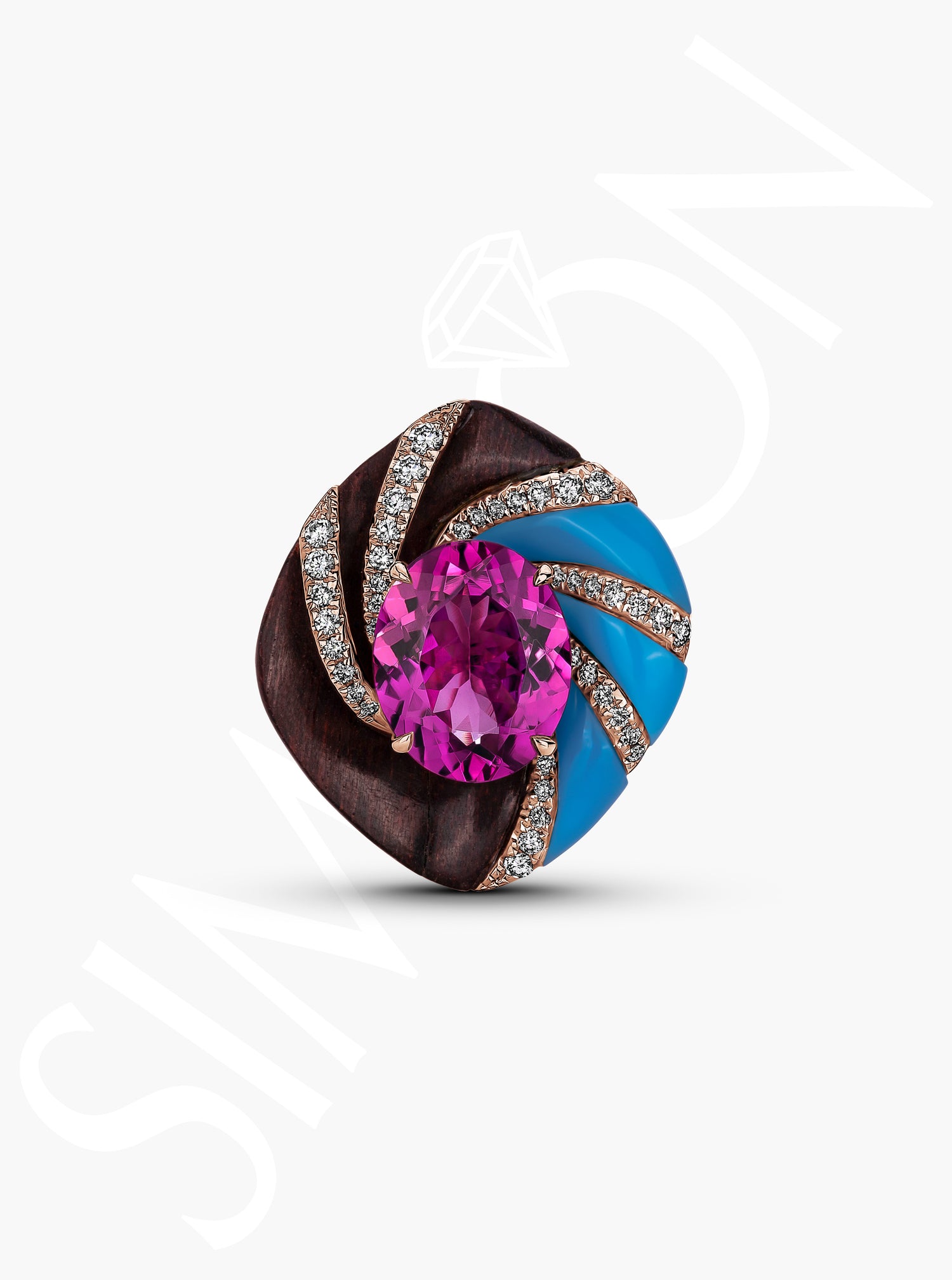 Turquoise and Wood Diamond Swirl Ring