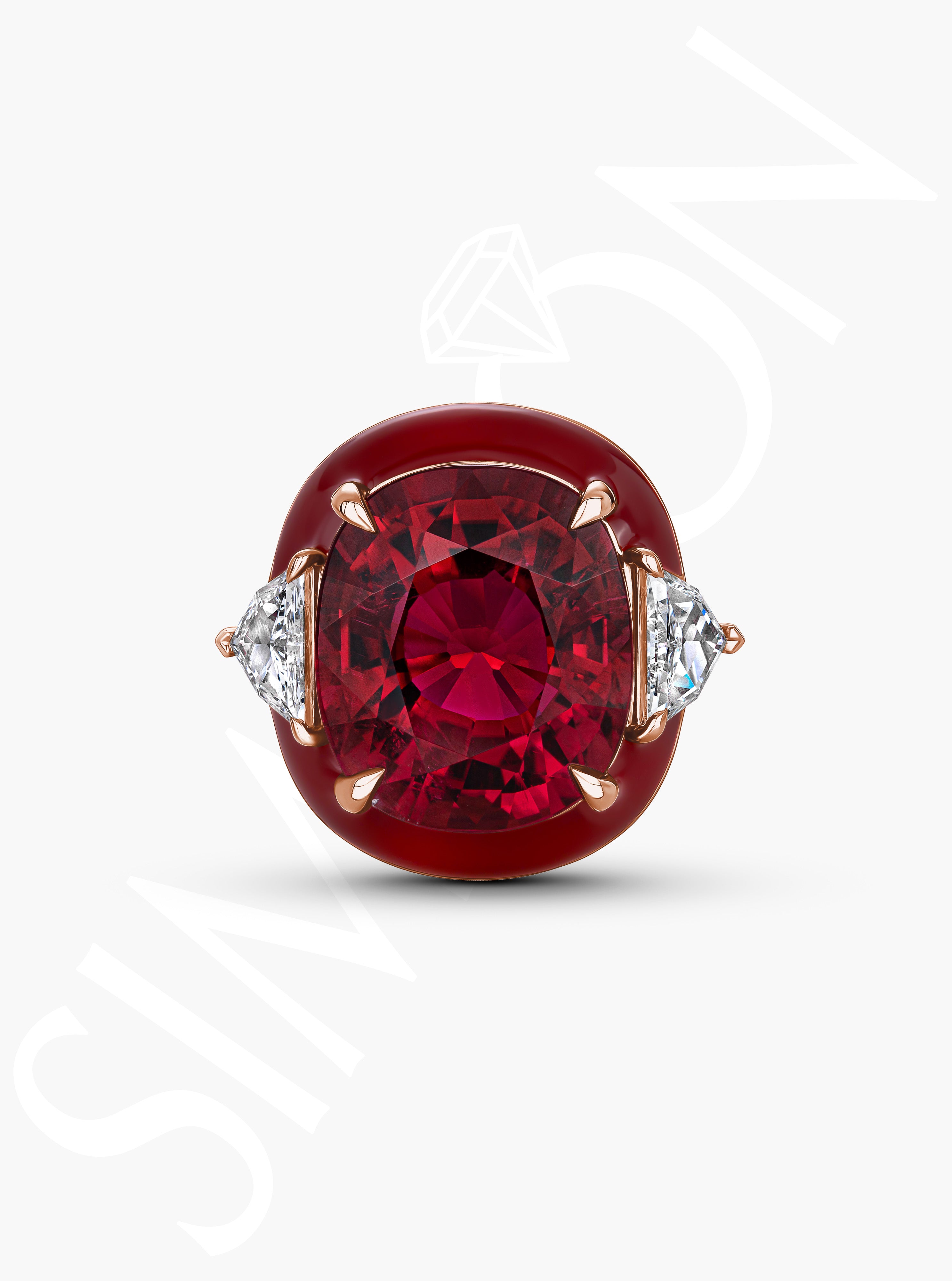 Oval Rubellite And Diamond Ring With Red Enamel