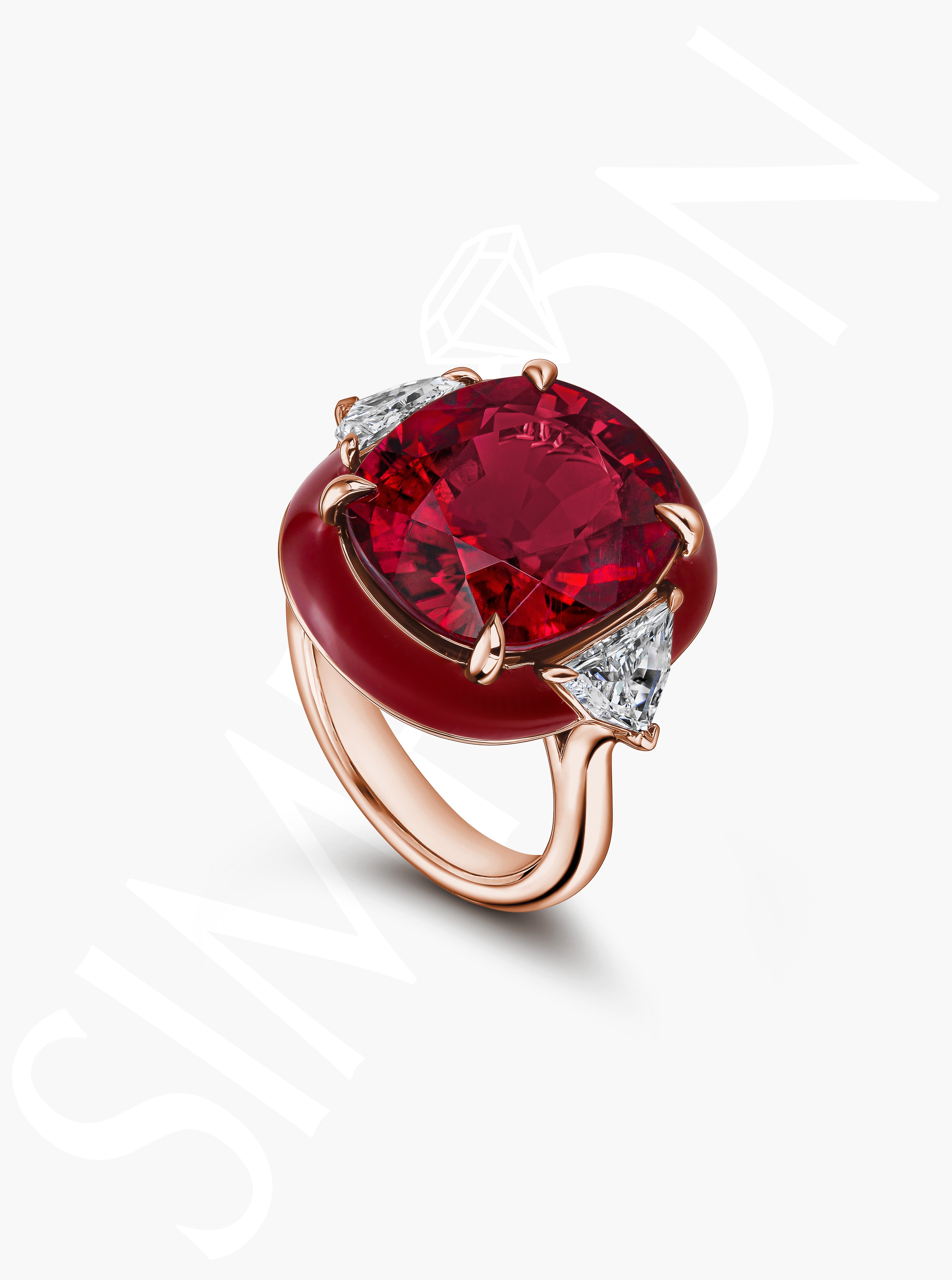 Oval Rubellite And Diamond Ring With Red Enamel