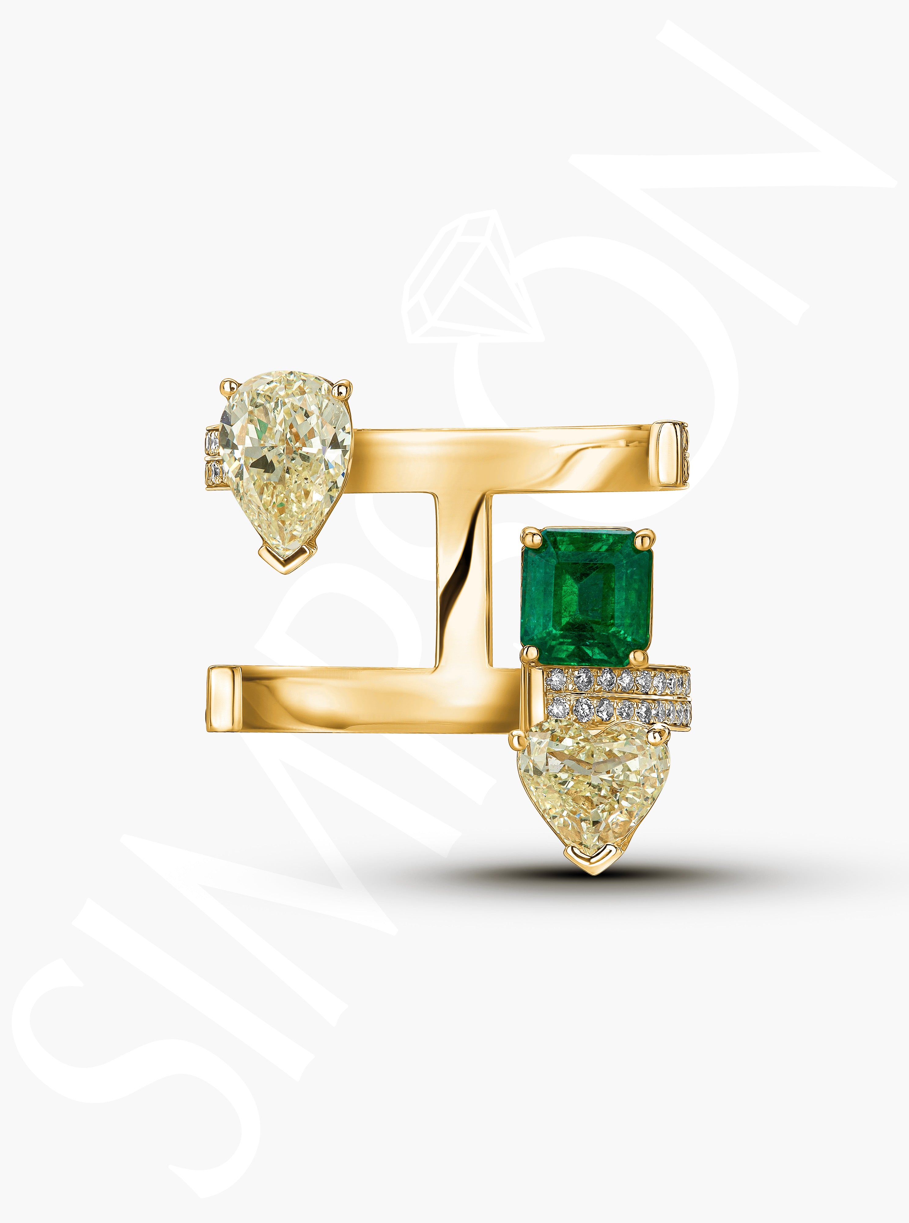 Open Ring With Emerald And Yellow Diamonds