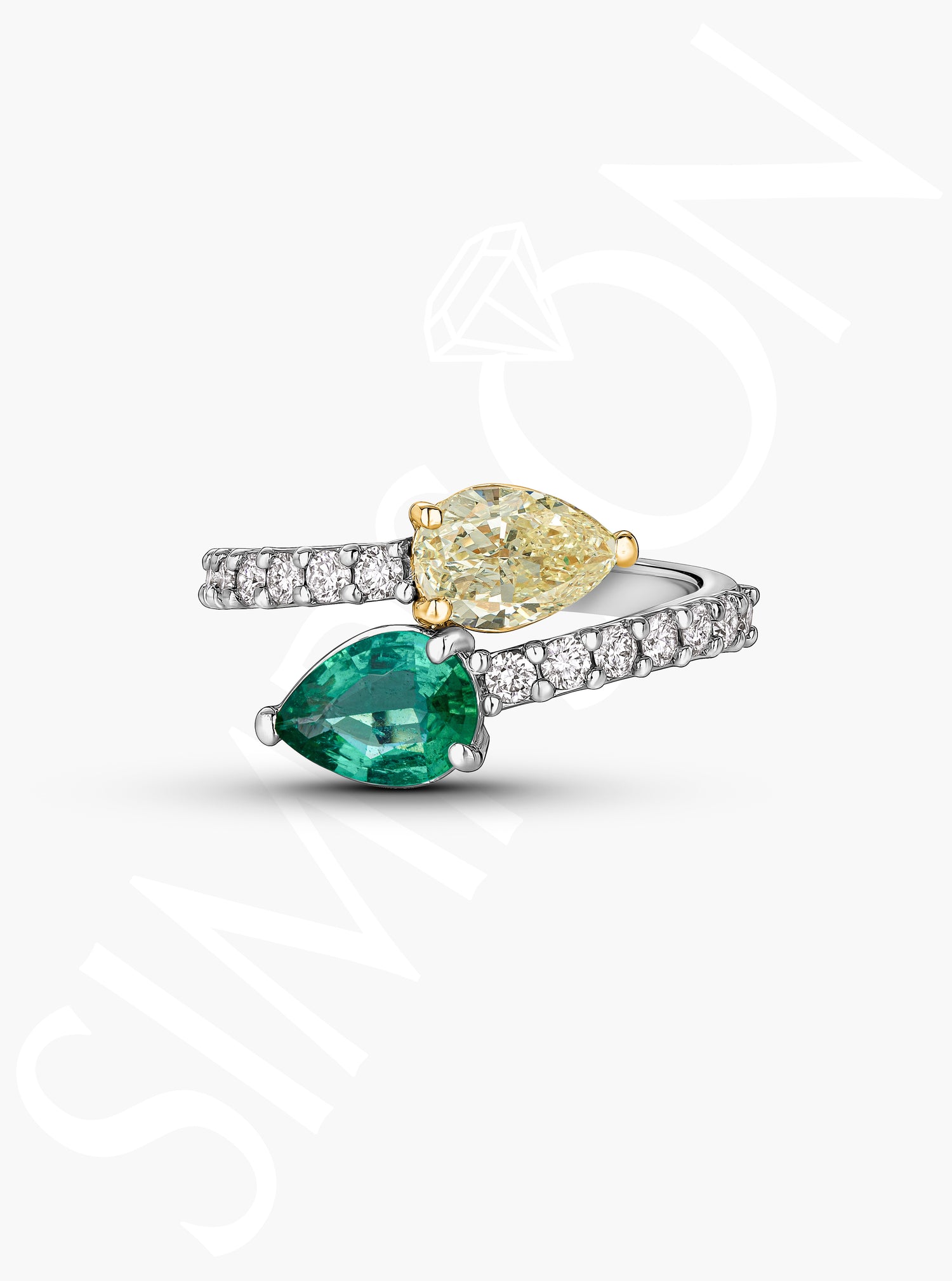 Emerald And Yellow Diamond Crossover Ring