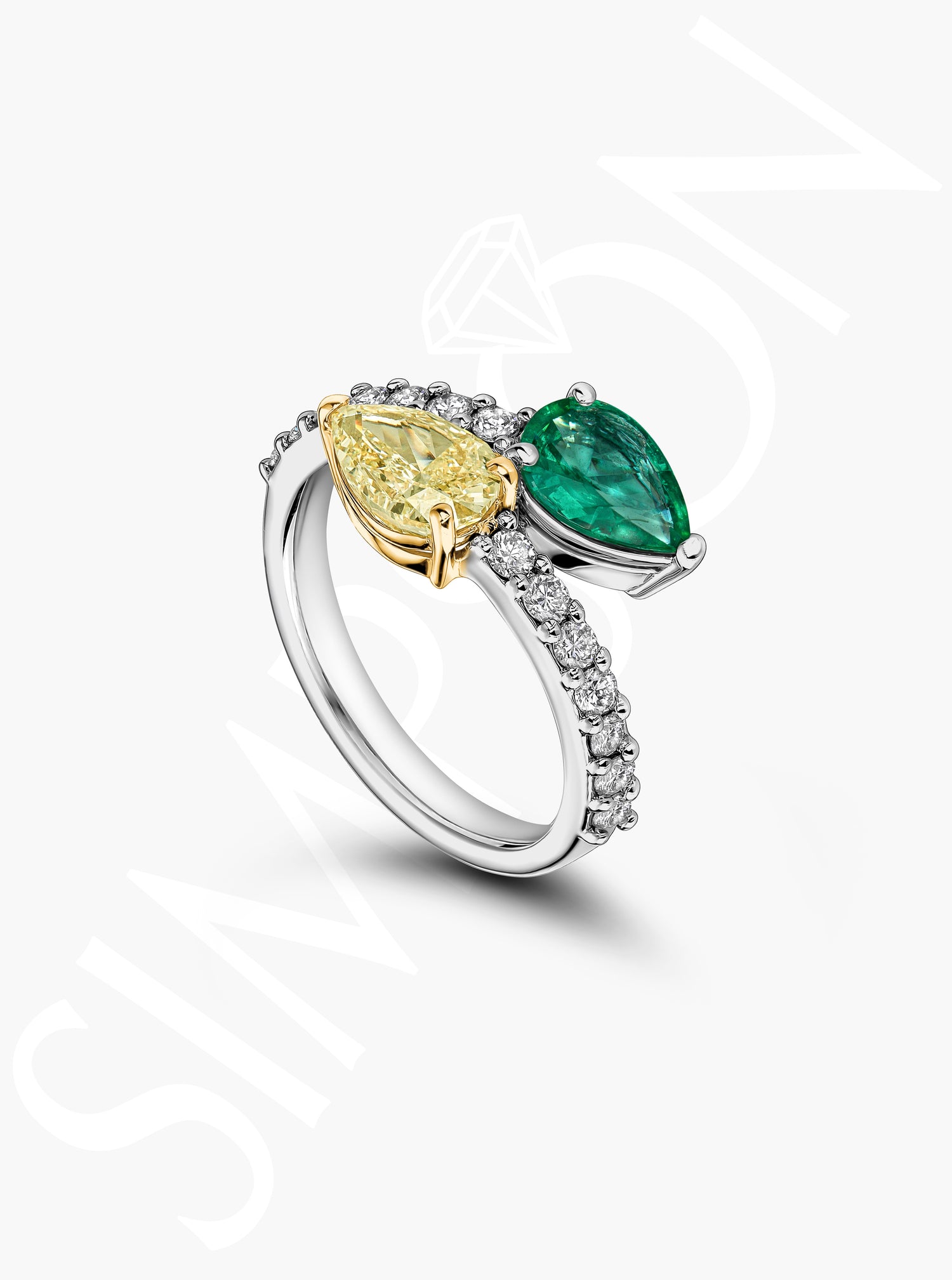 Emerald And Yellow Diamond Crossover Ring