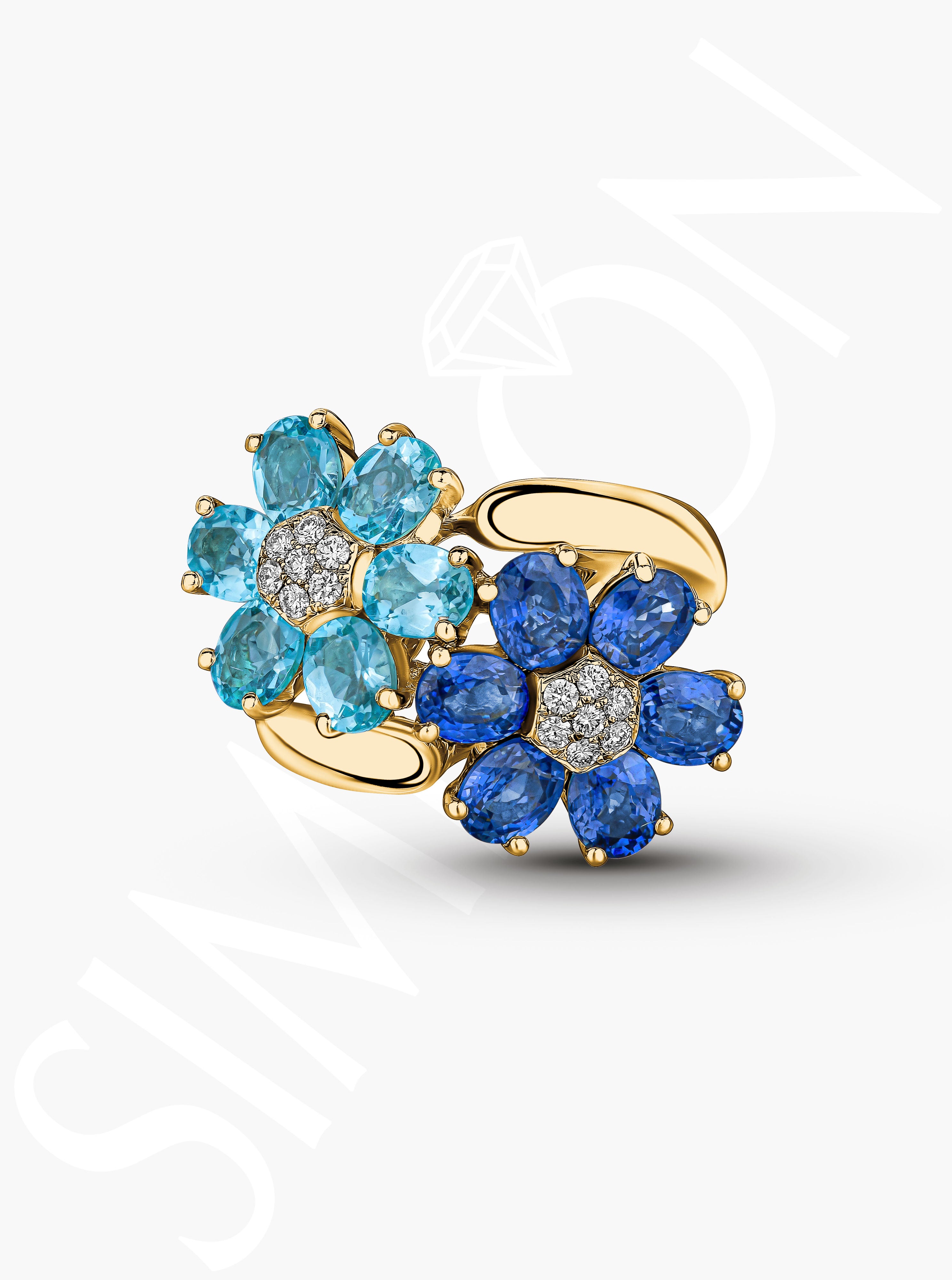 Blue Sapphire And Apatite Flower Ring