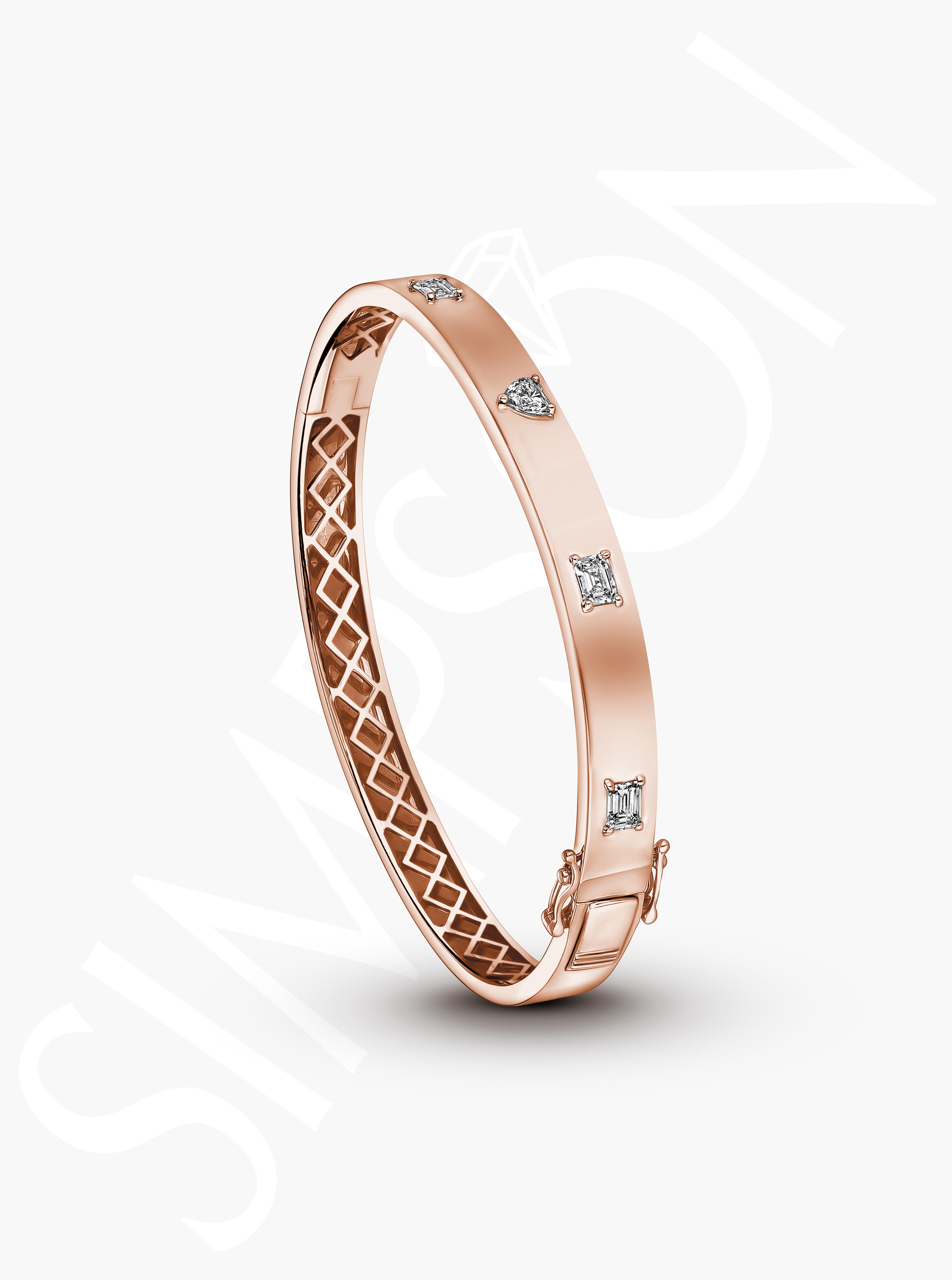 Rose Gold Bangle with Heart-Shaped and Emerald-Cut Diamonds