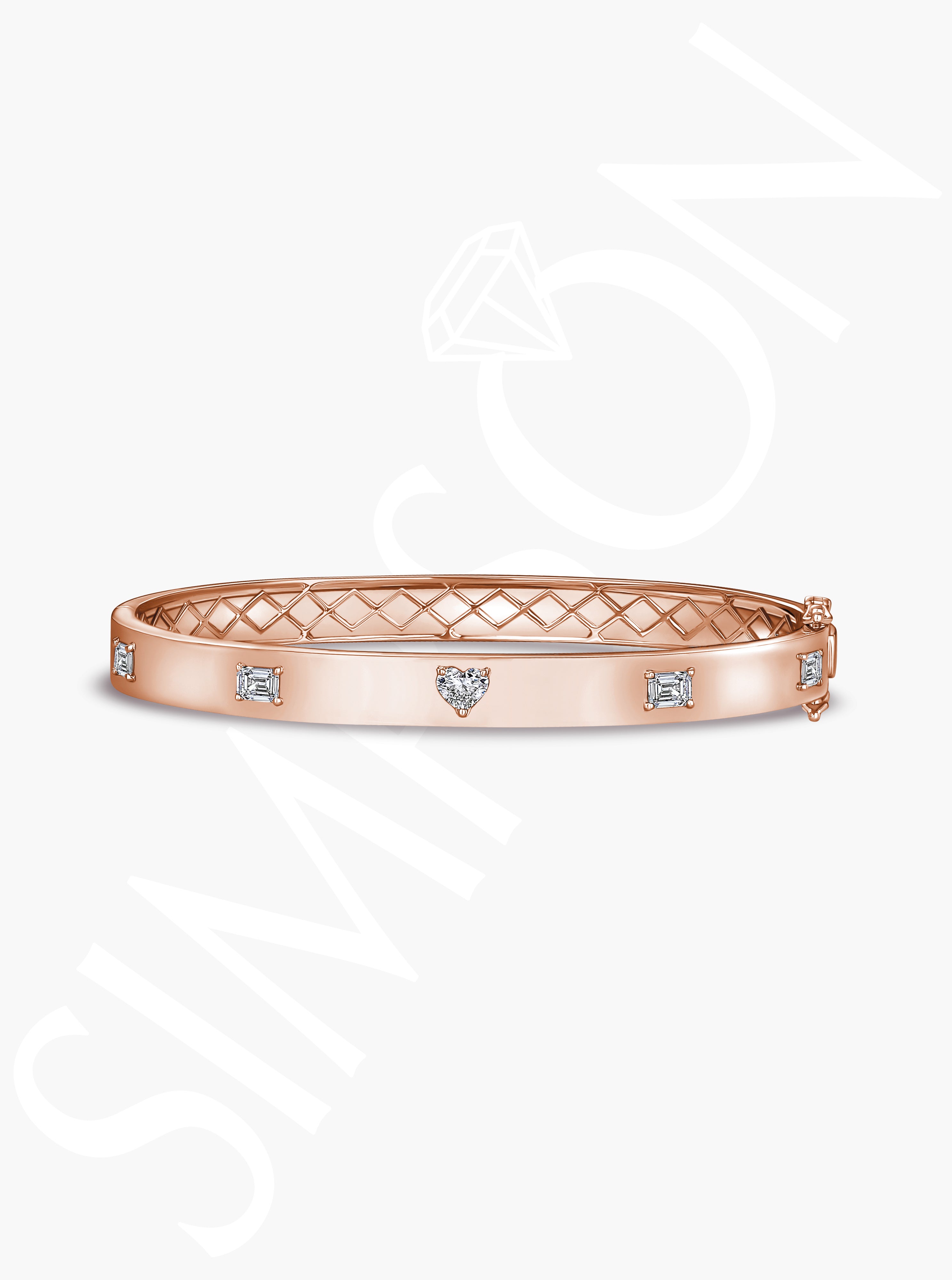 Rose Gold Bangle with Heart-Shaped and Emerald-Cut Diamonds