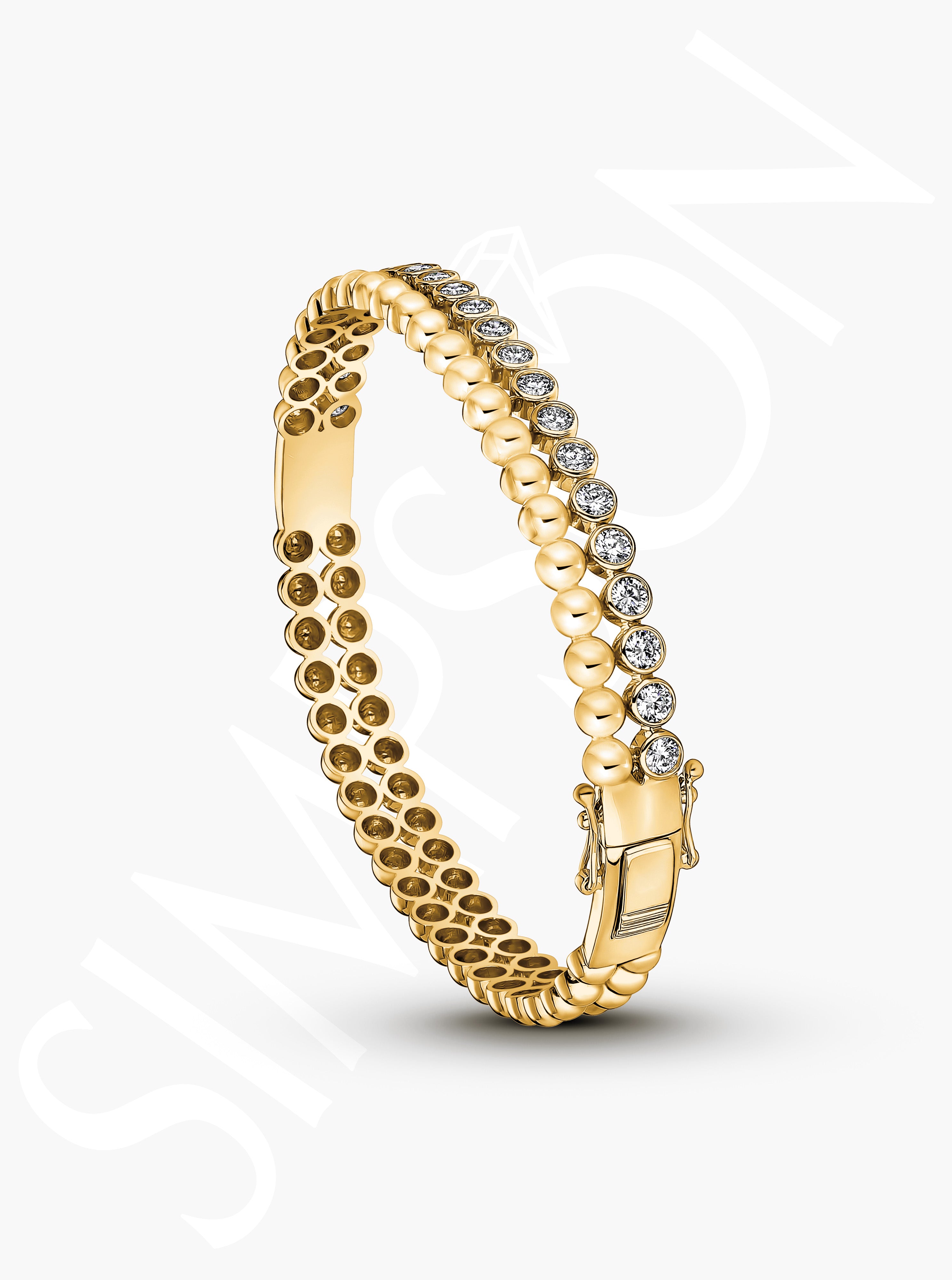 Gold Beaded Diamond Bangle with Double Row Design