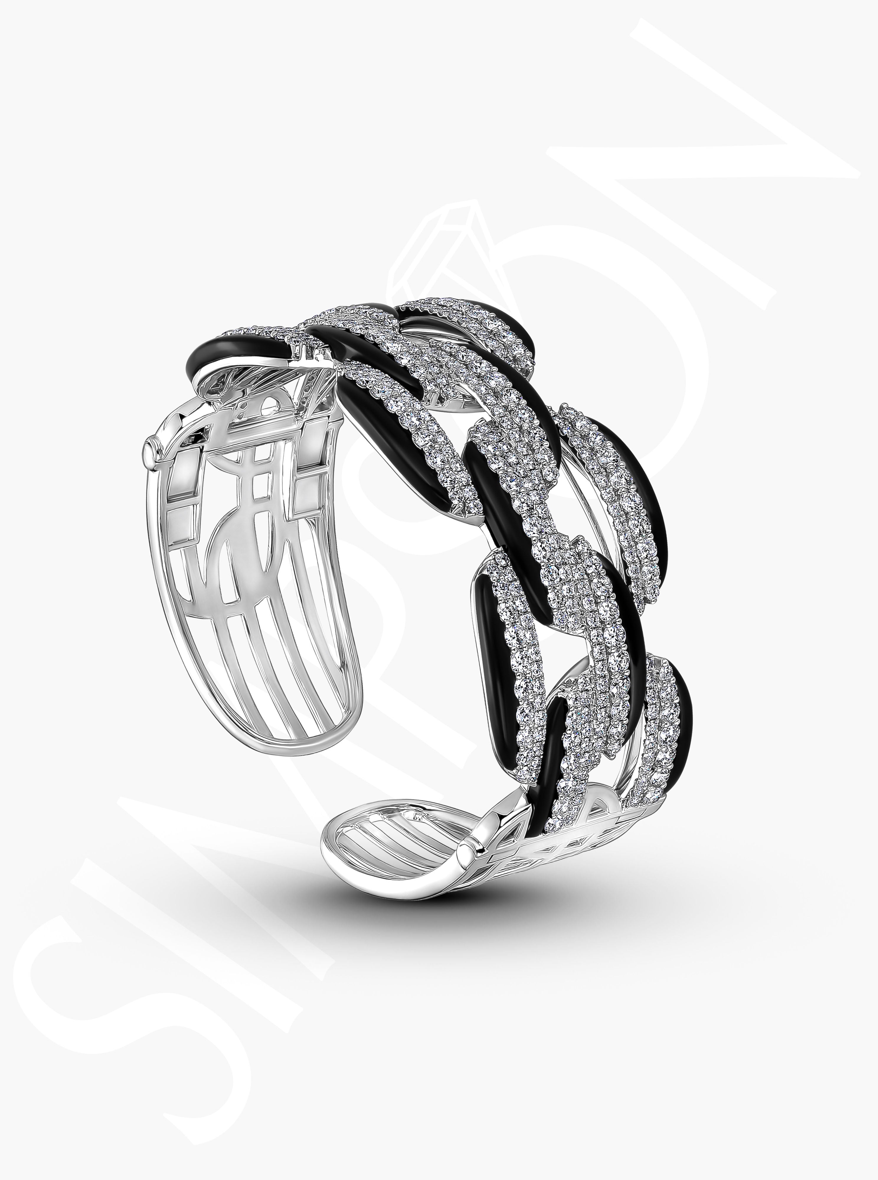 Black Ceramic and Diamond Accented Statement Bangle 