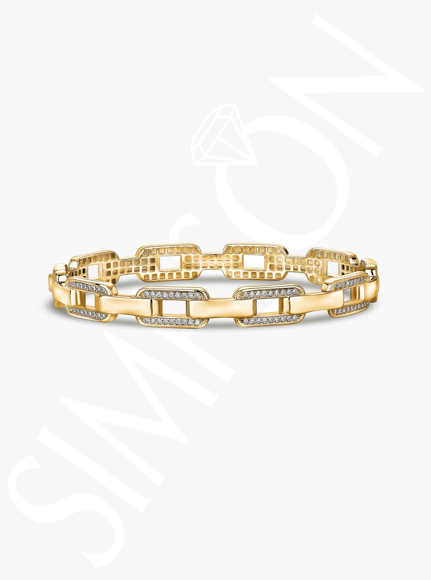 Yellow Gold Link Bangle With Diamond Accents