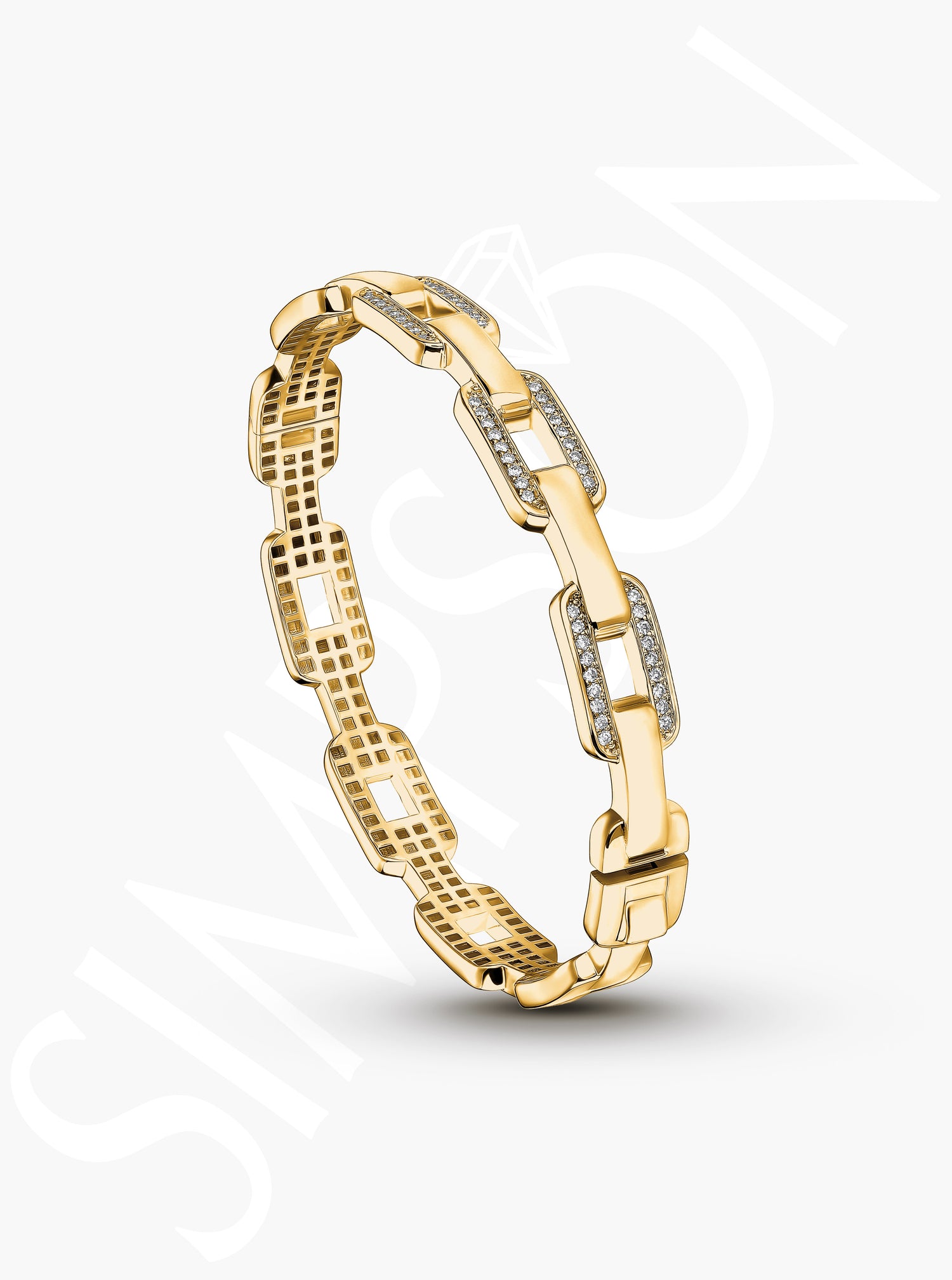 Yellow Gold Link Bangle With Diamond Accents