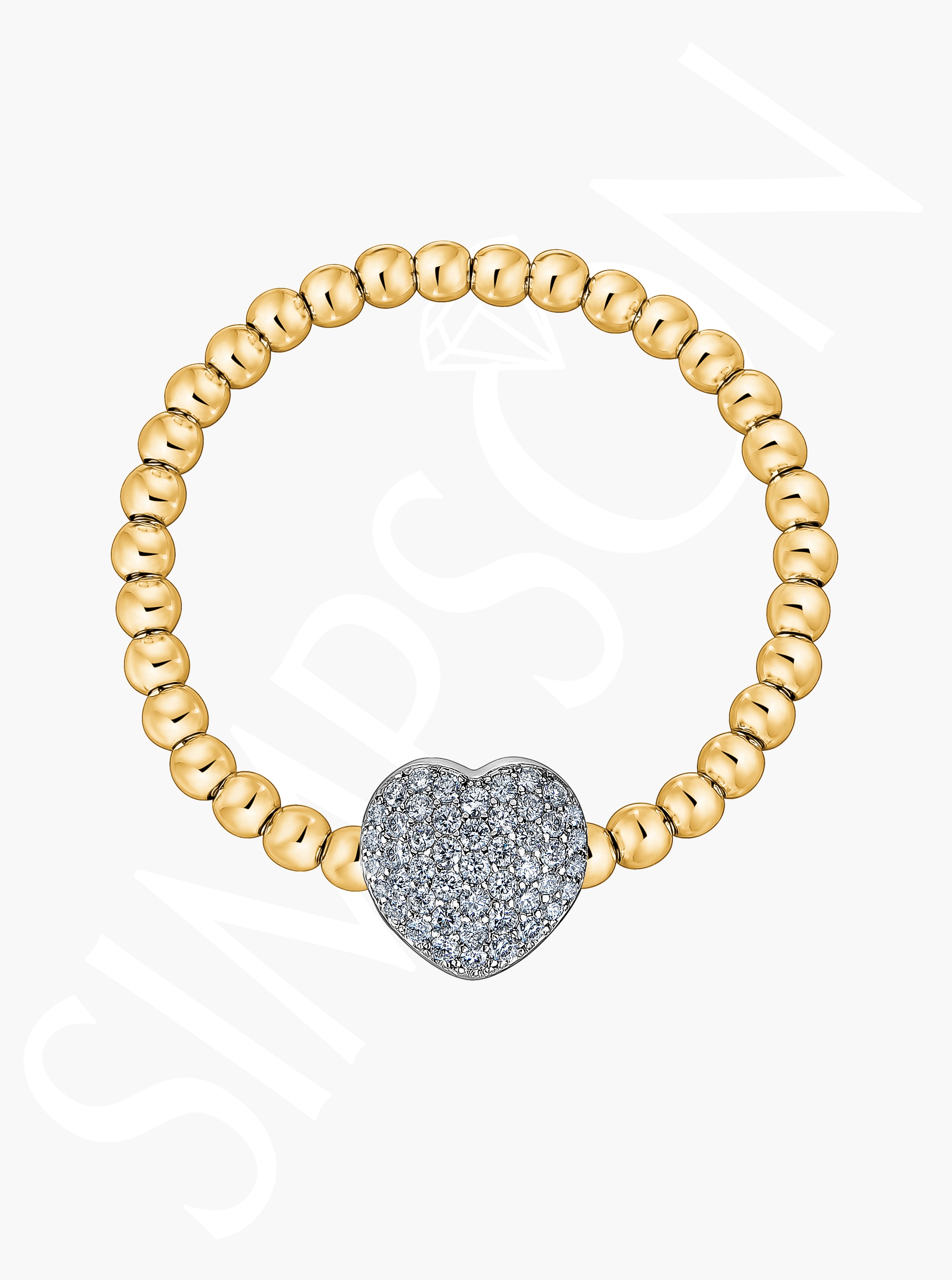 Golden Bead Bracelet with Pave Diamond Heart