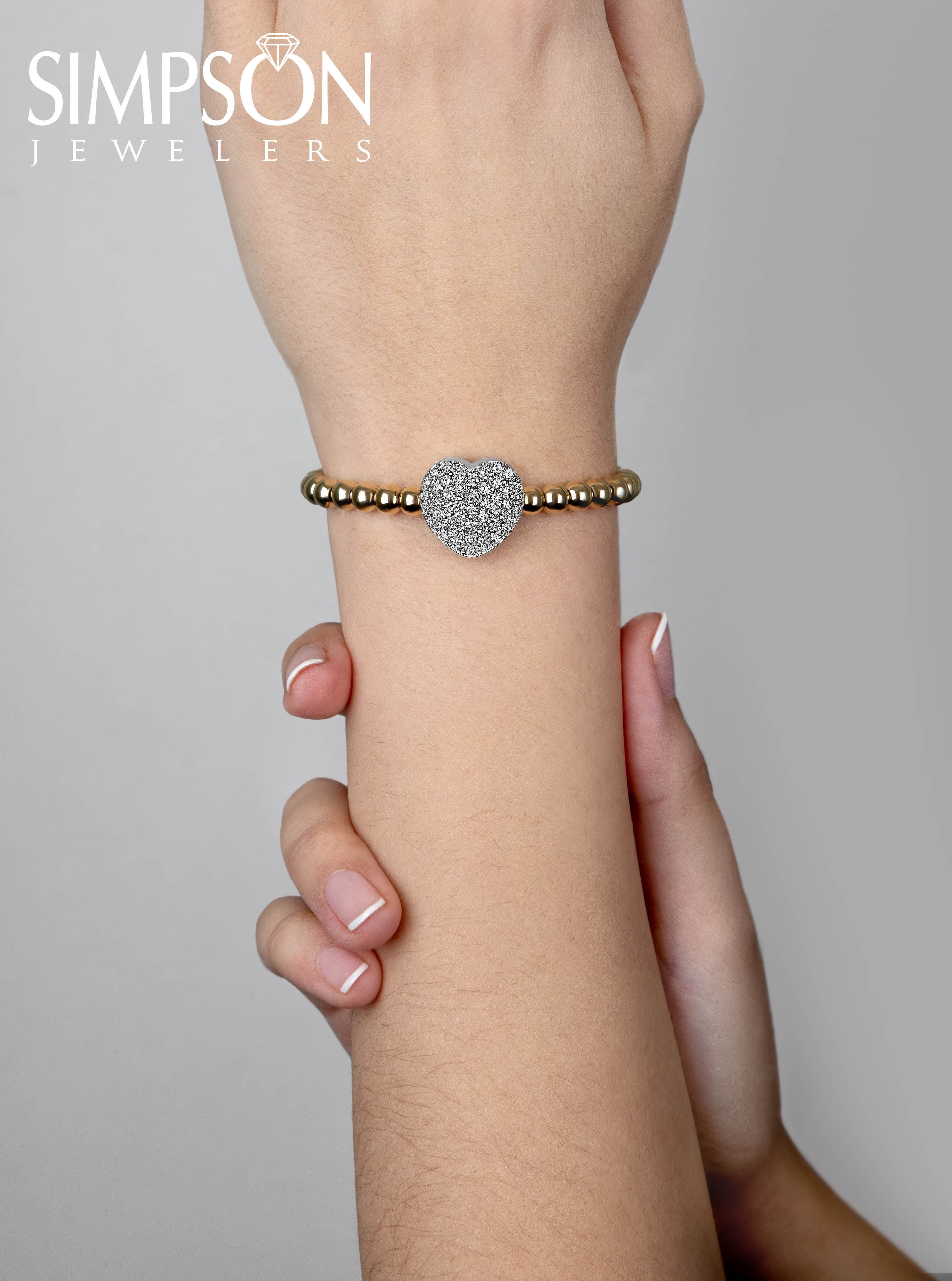 Golden Bead Bracelet with Pave Diamond Heart