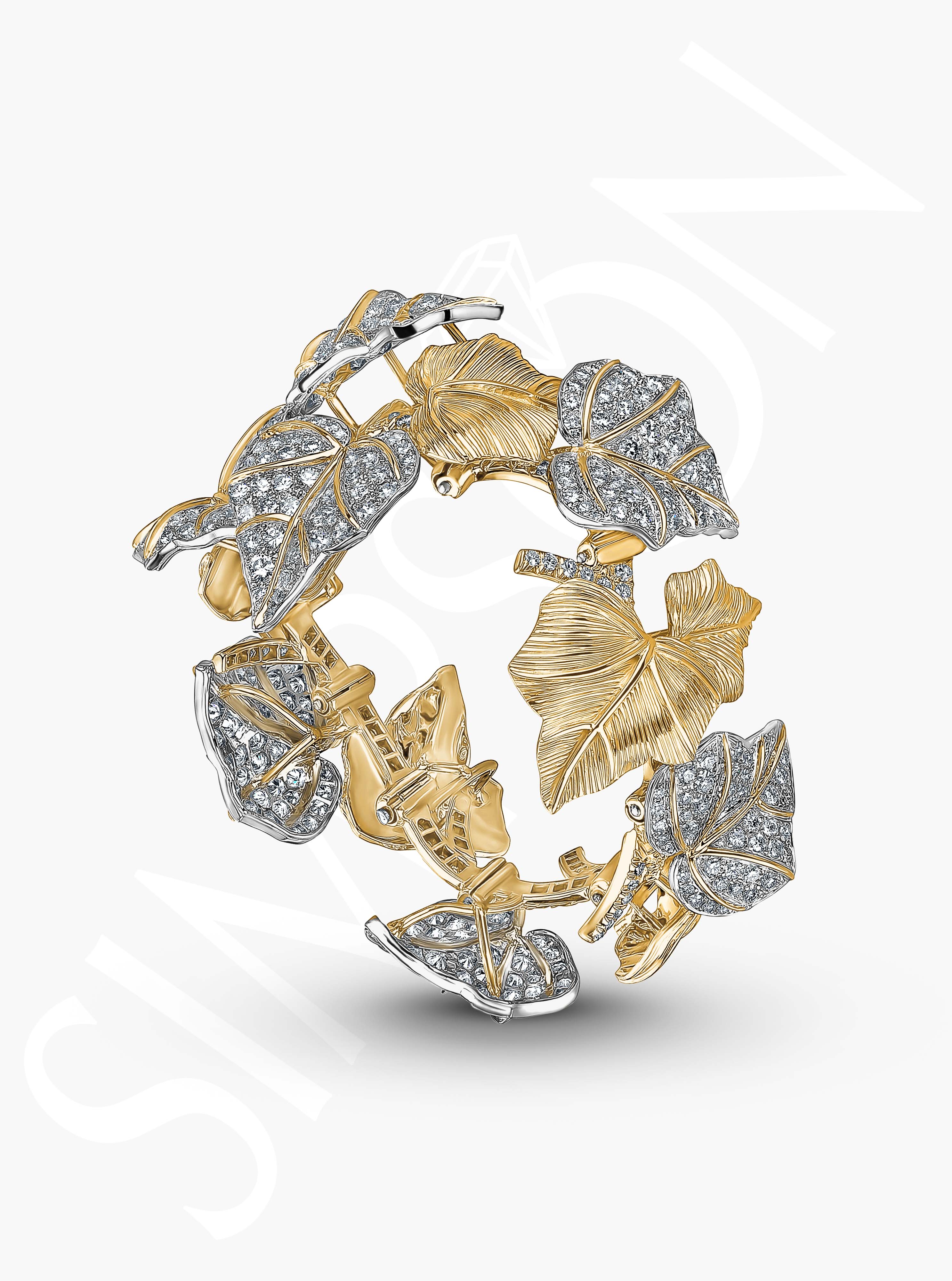 Diamond-Adorned Gold Leaf Bracelet