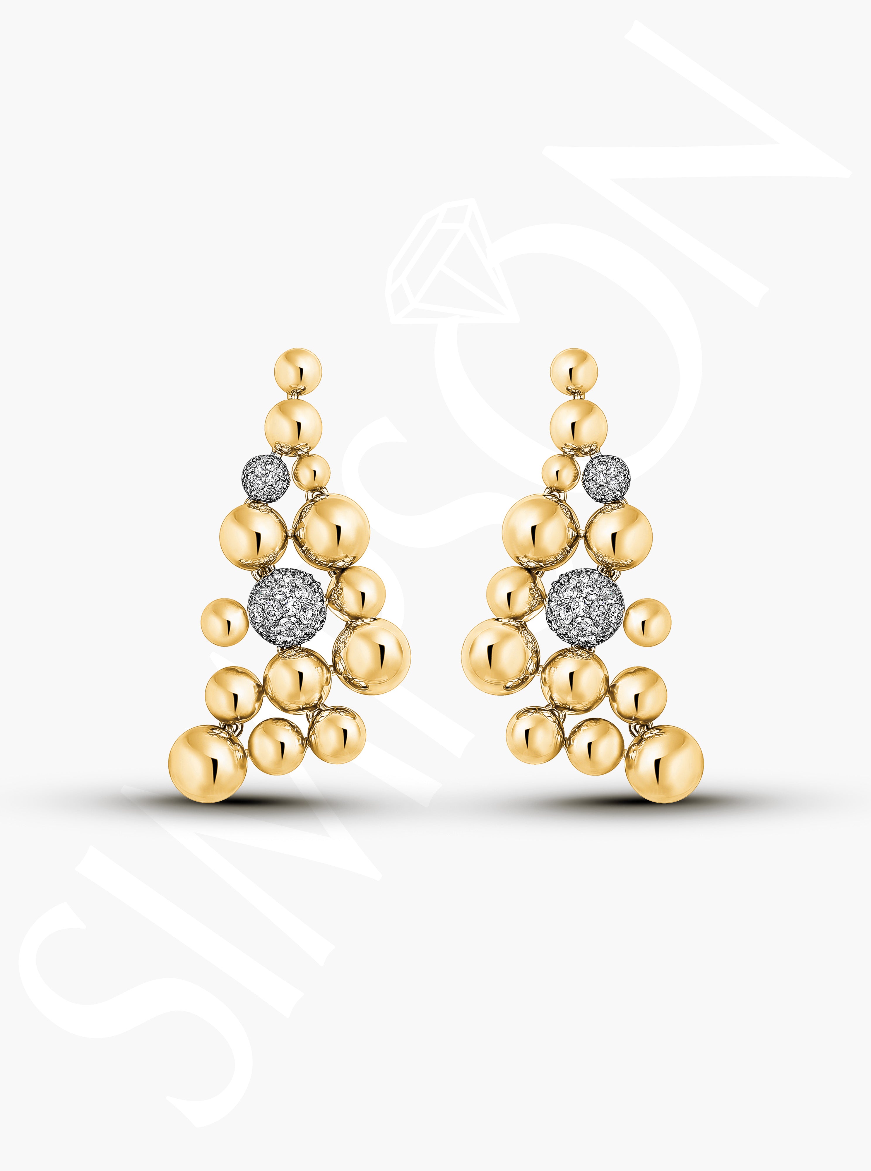 Gold Beaded Drop Earrings with Diamond Pavé Spheres