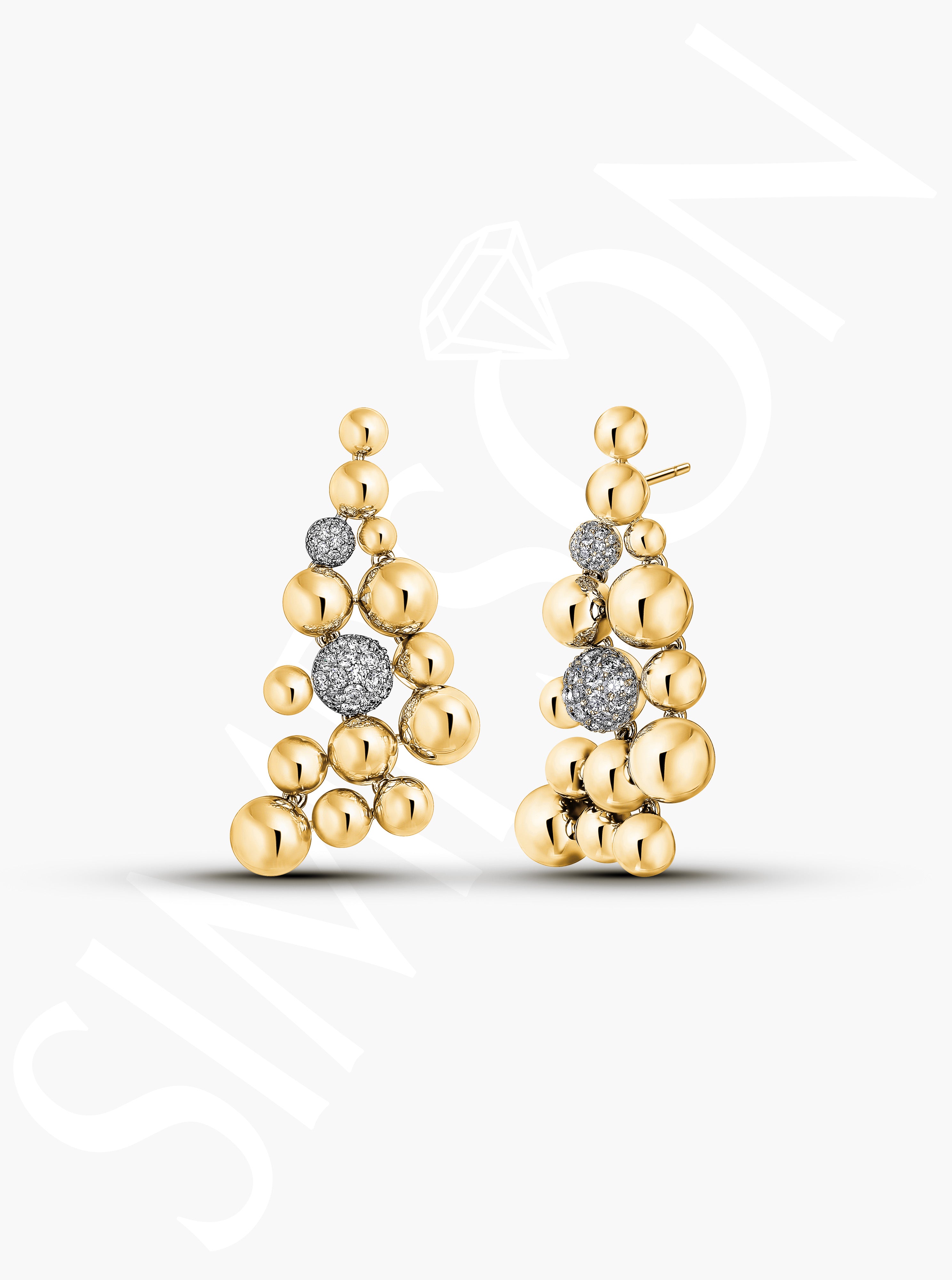 Gold Beaded Drop Earrings with Diamond Pavé Spheres