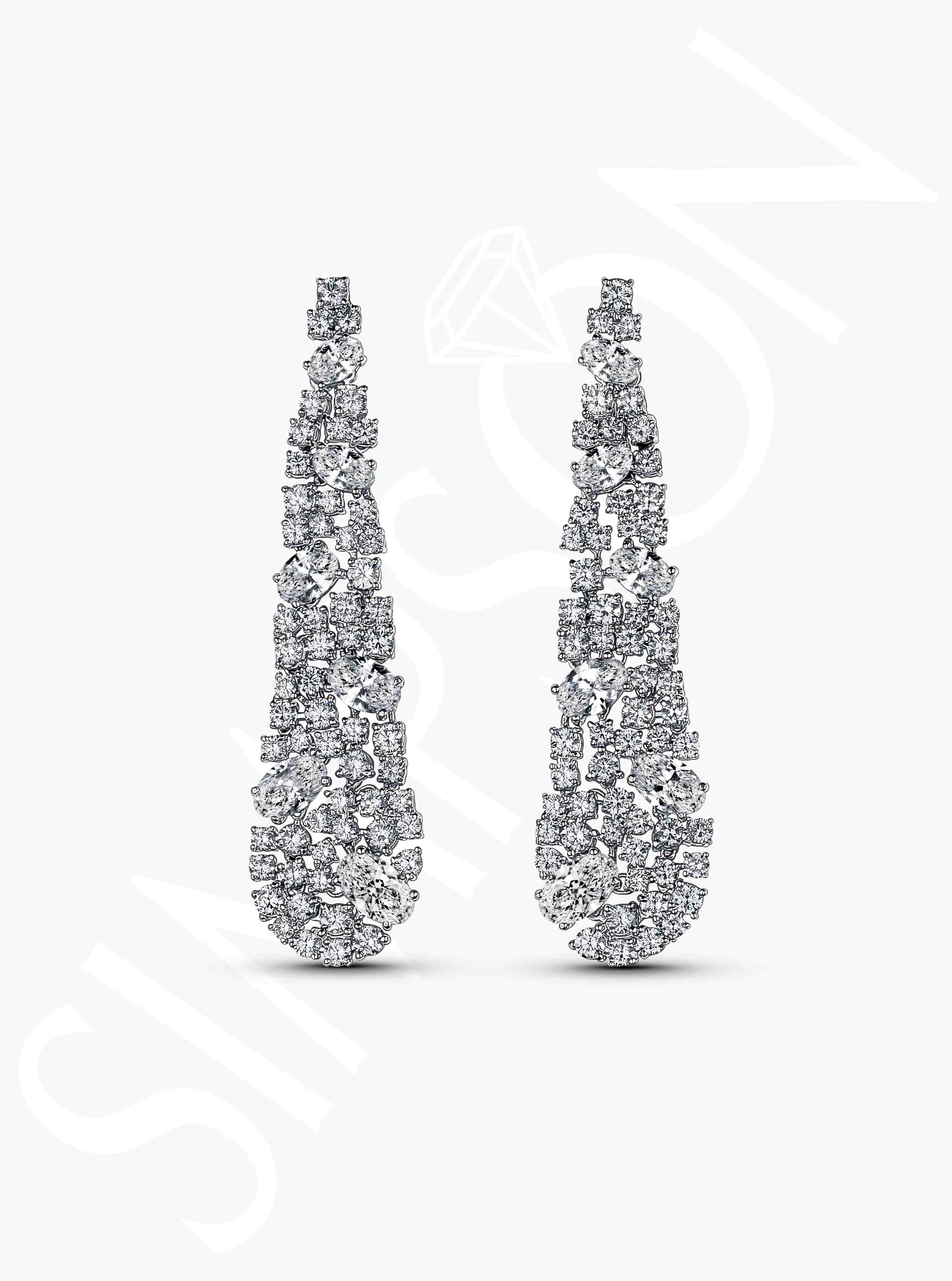 Long Diamond Cluster Drop Earrings