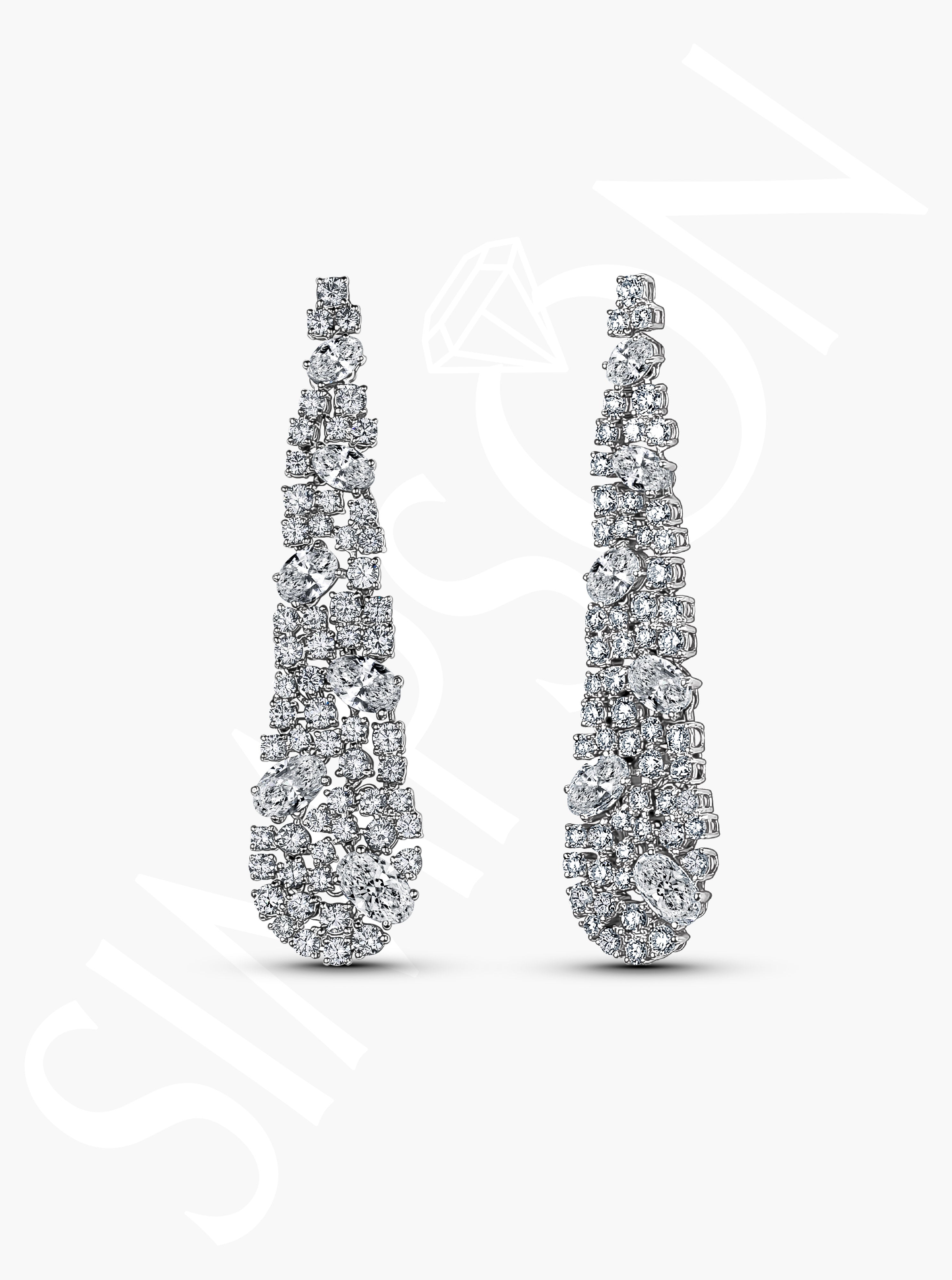 Long Diamond Cluster Drop Earrings