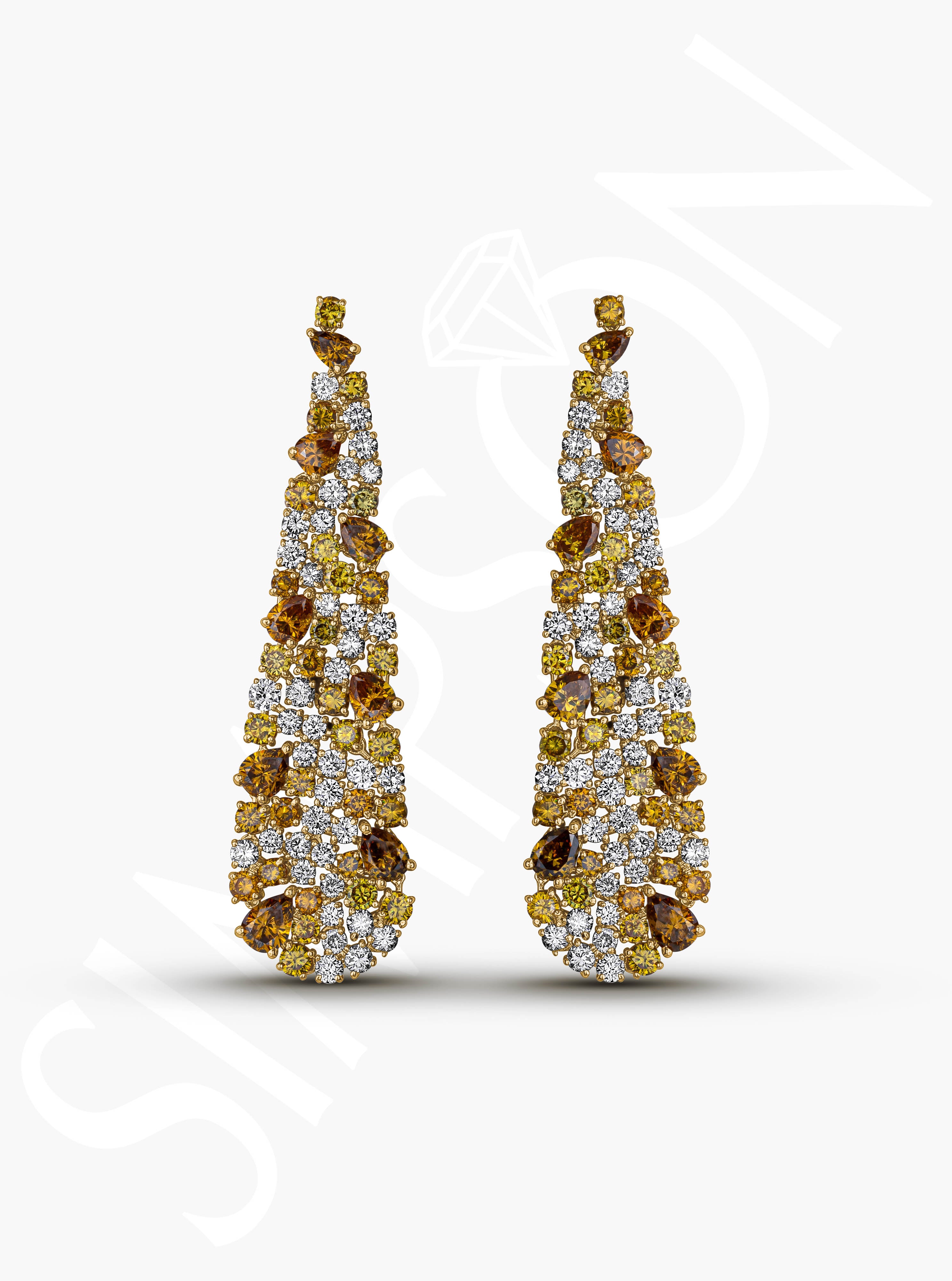 Yellow and White Diamond Cluster Drop Earrings