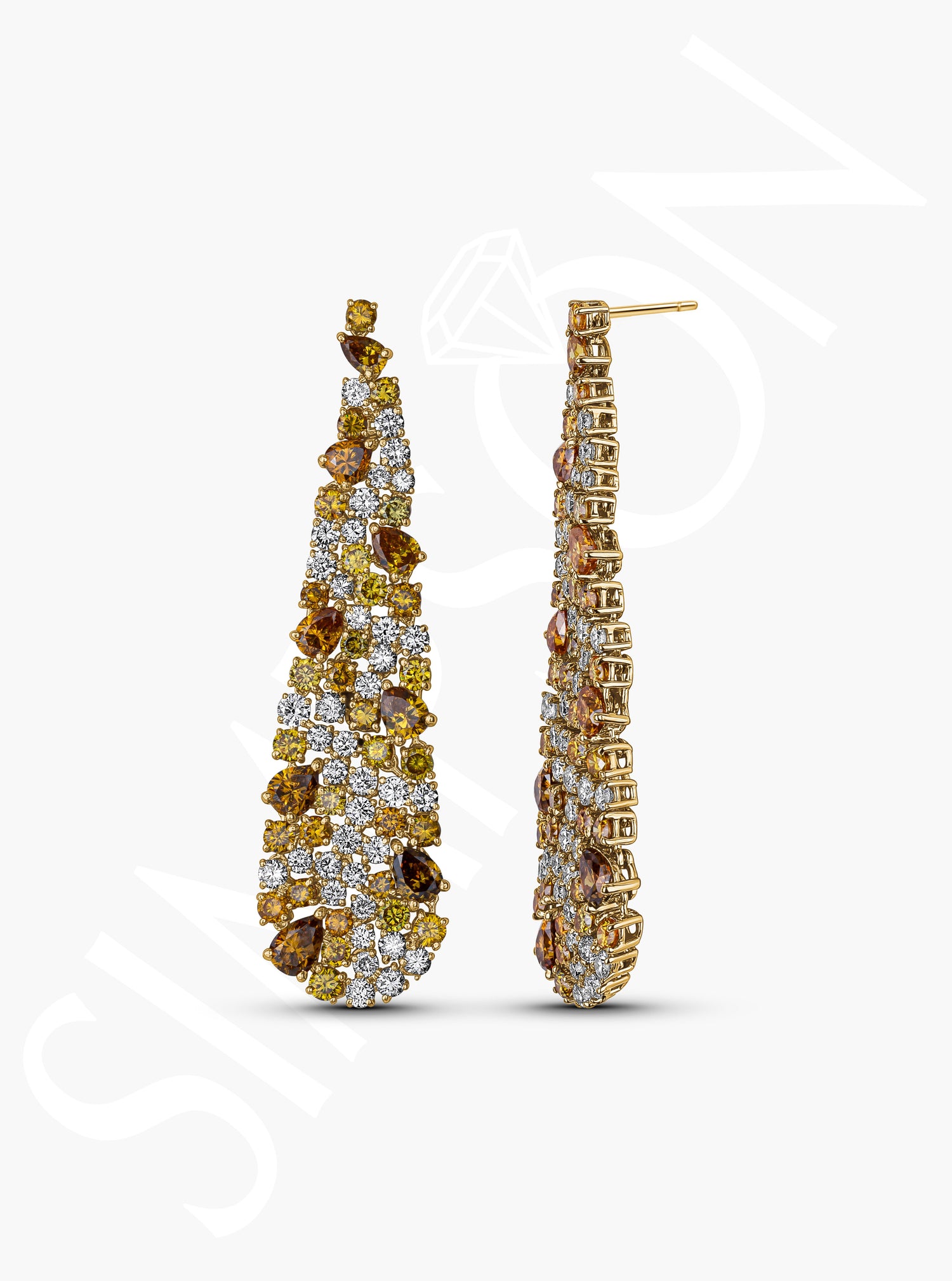 Yellow and White Diamond Cluster Drop Earrings