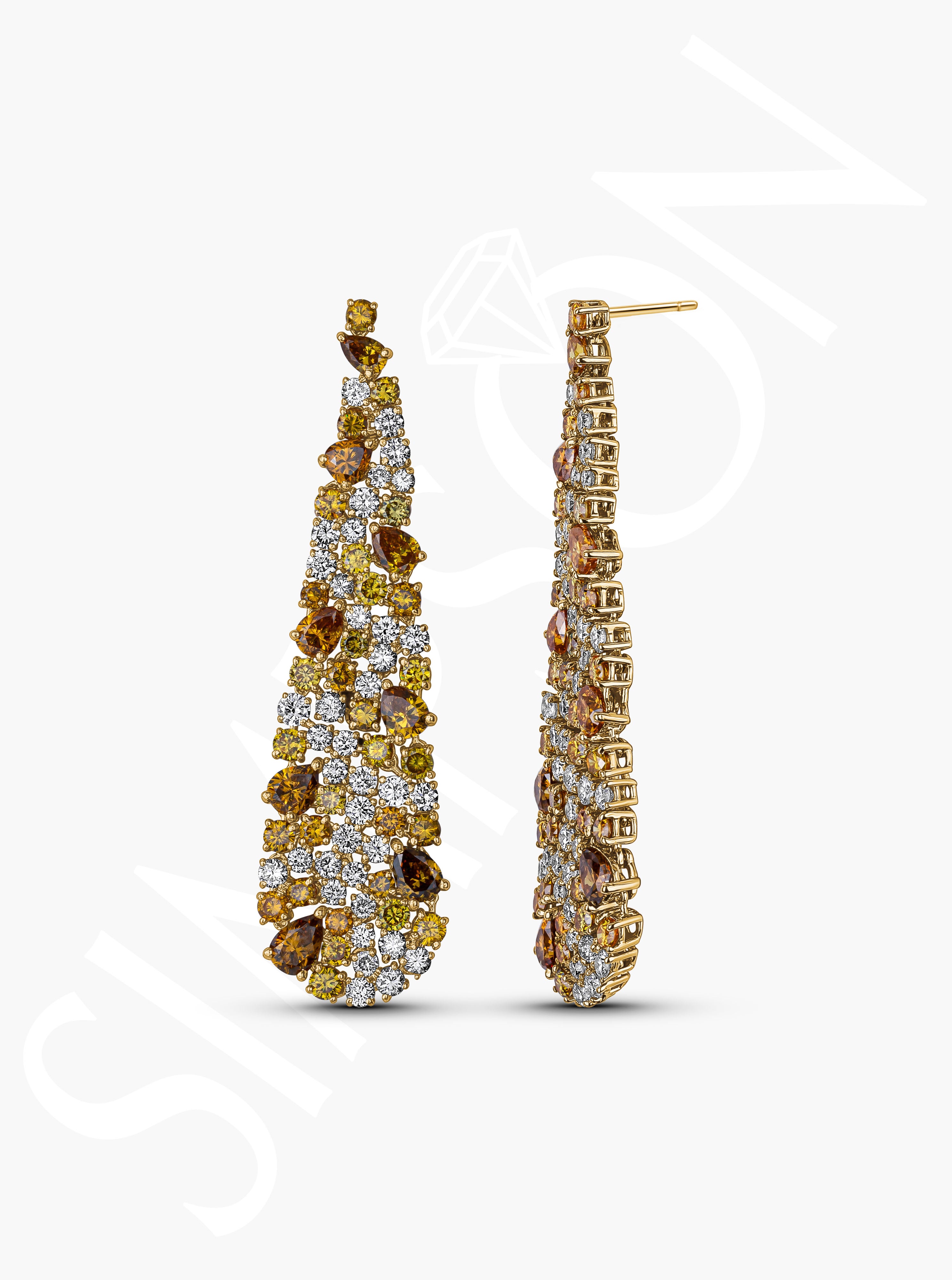 Yellow and White Diamond Cluster Drop Earrings