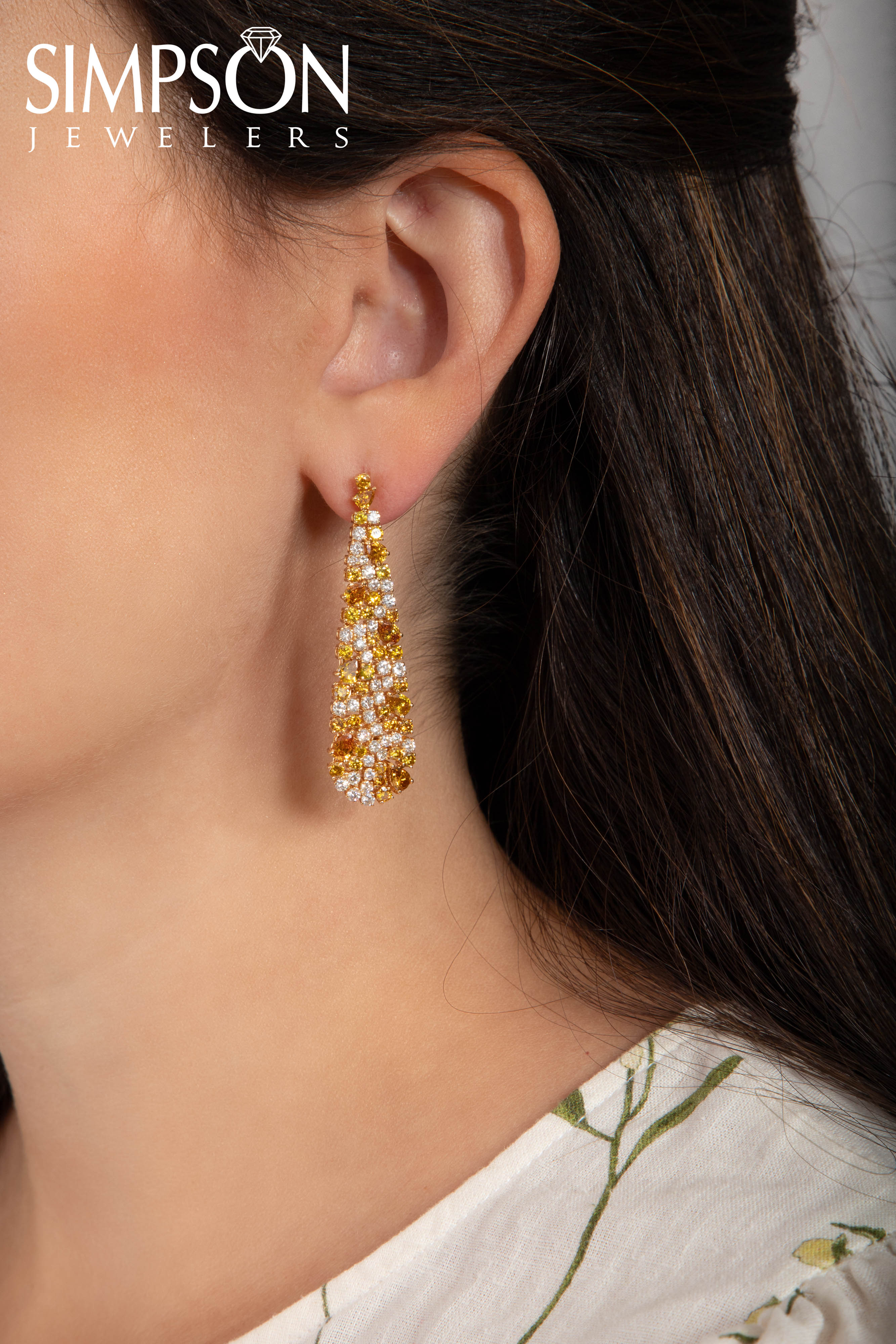 Yellow and White Diamond Cluster Drop Earrings