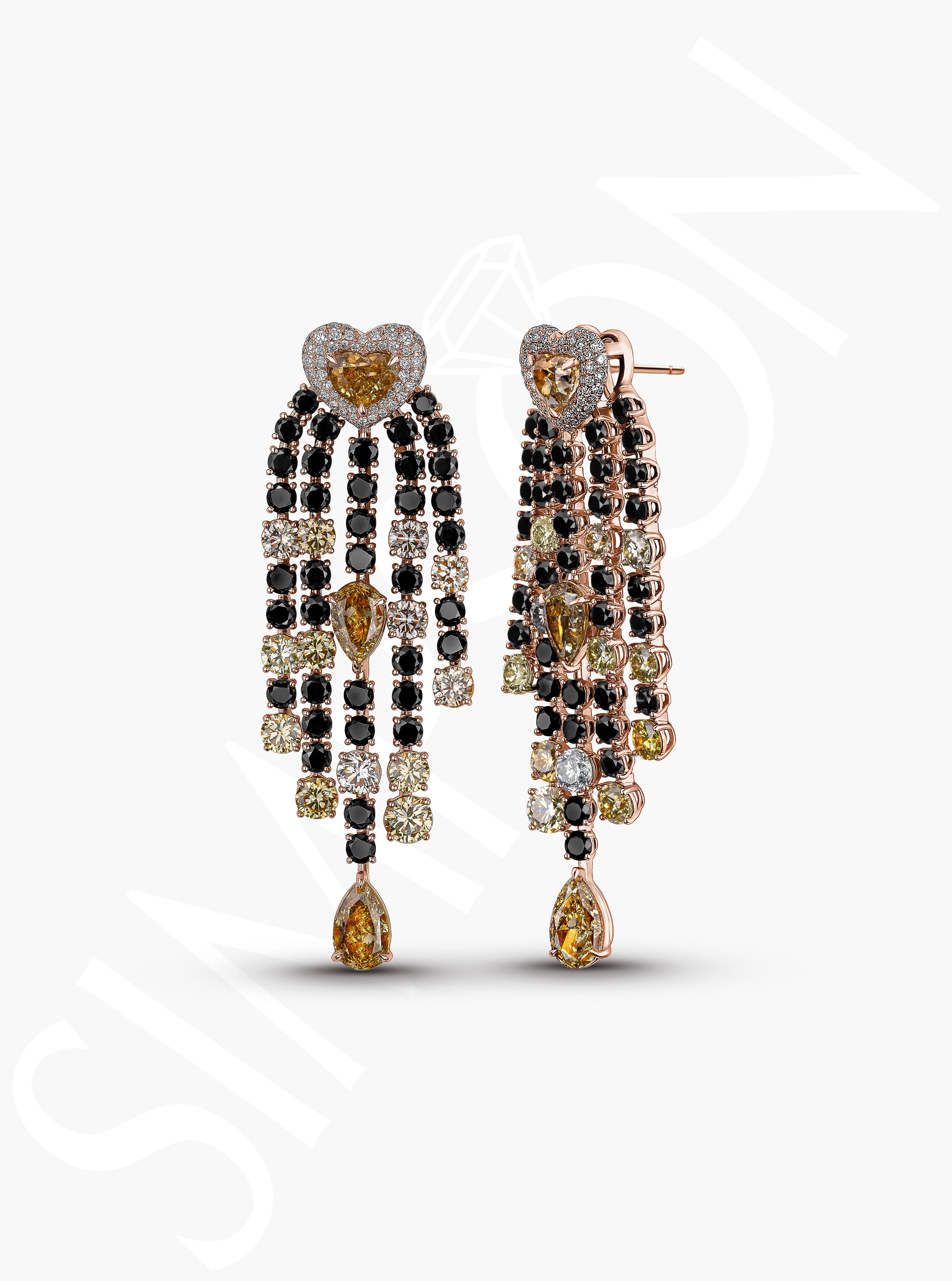 Heart Chandelier Earrings With Multi-Color Diamonds