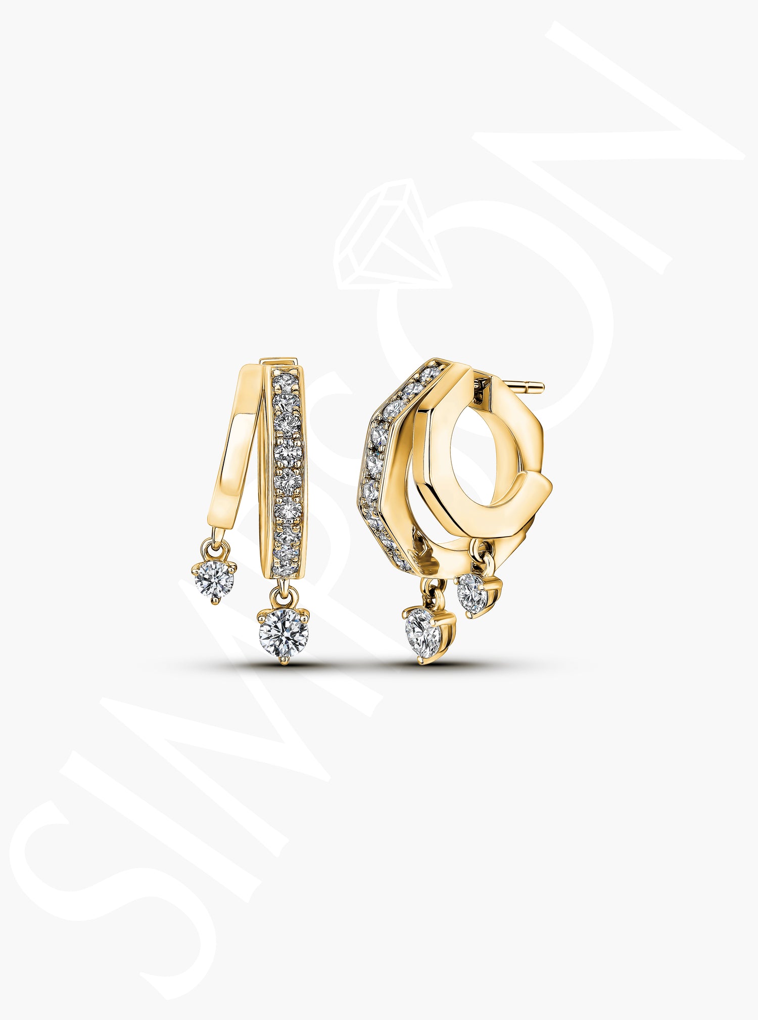 Gold Diamond Hoop Earrings with Dangling Diamond Accents