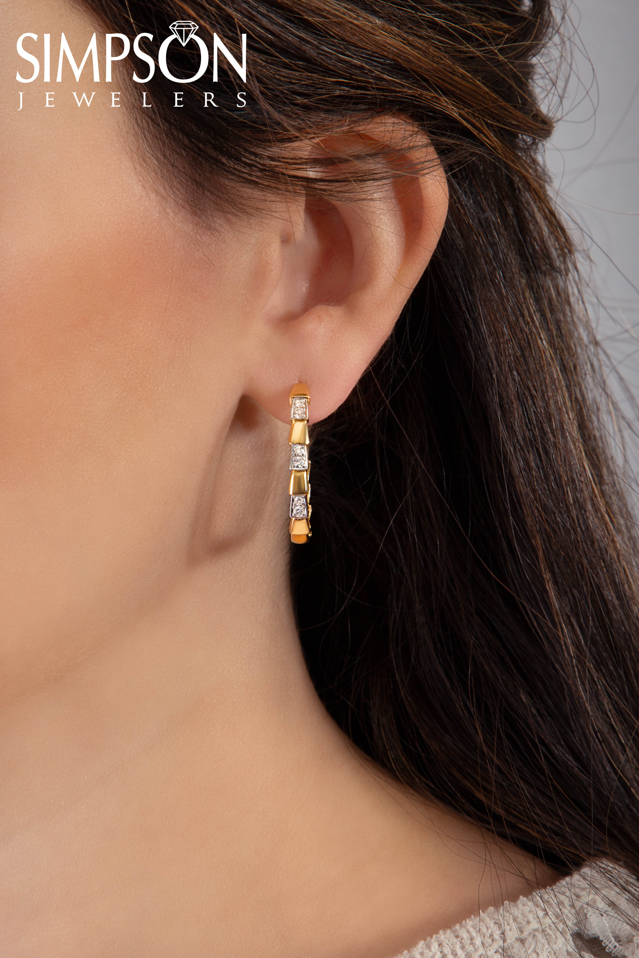 Gold Hoop Earrings with Diamond Accents and Link Design