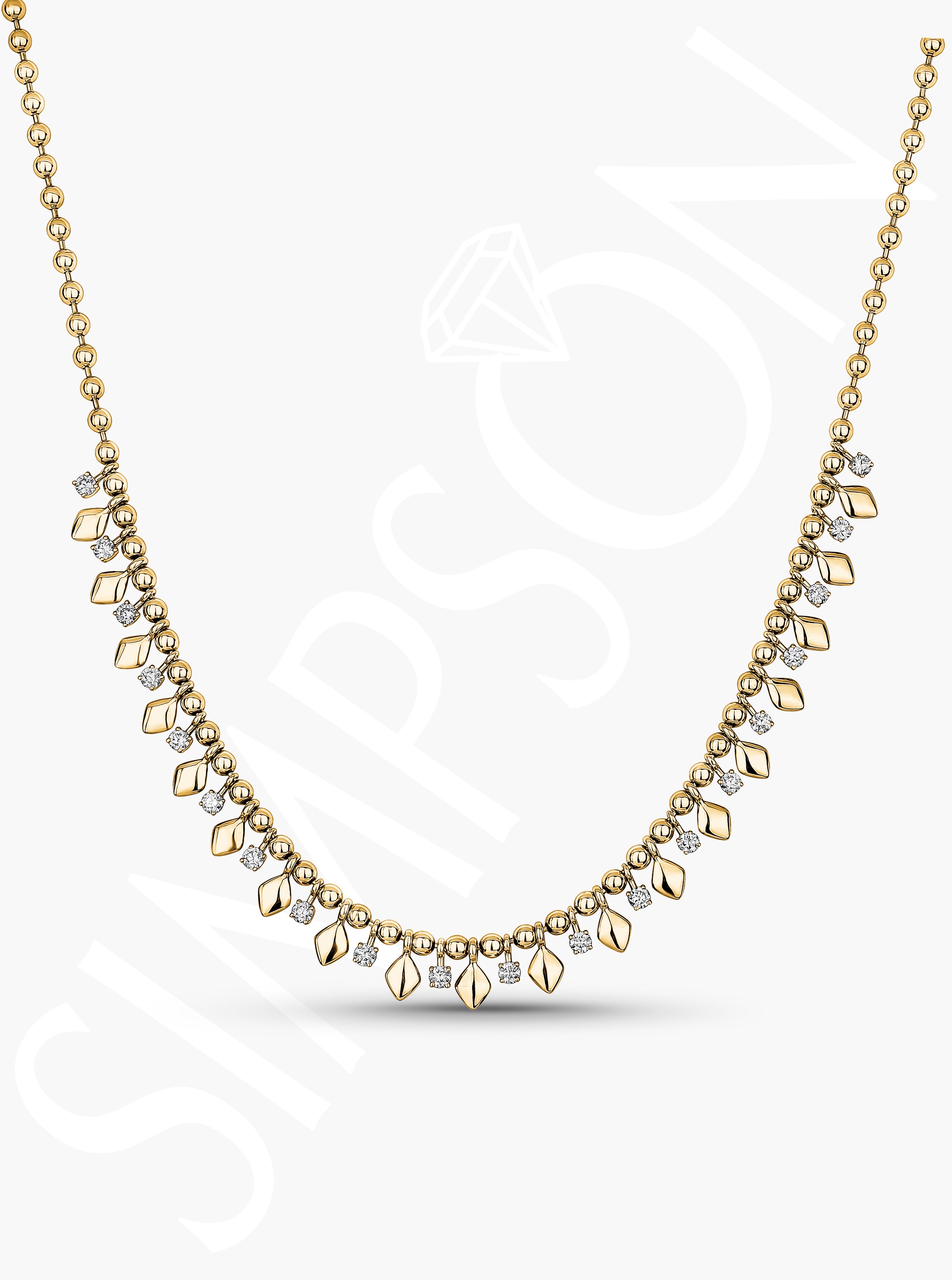 Gold Beaded Necklace with Diamond and Leaf Accents