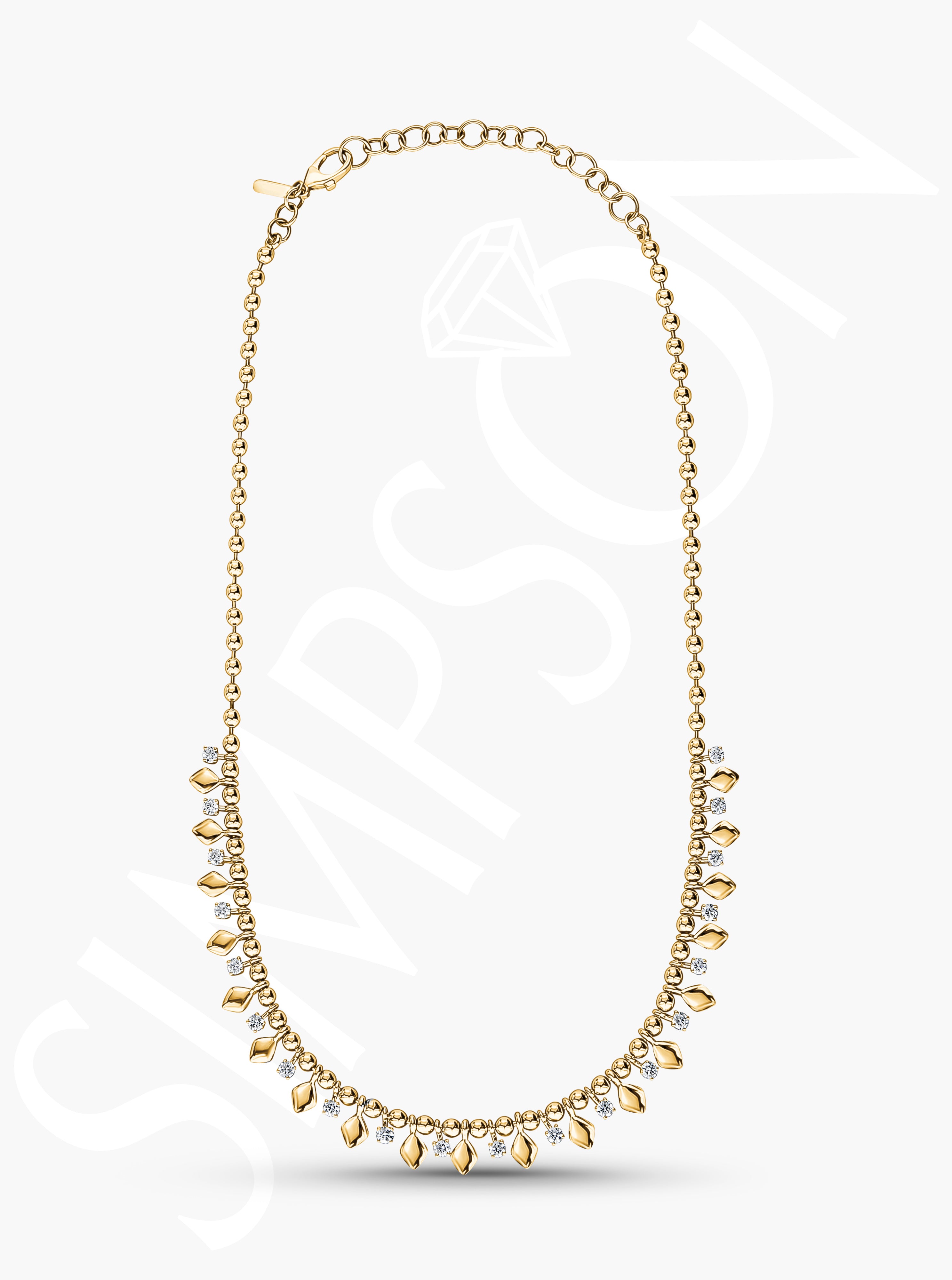 Gold Beaded Necklace with Diamond and Leaf Accents