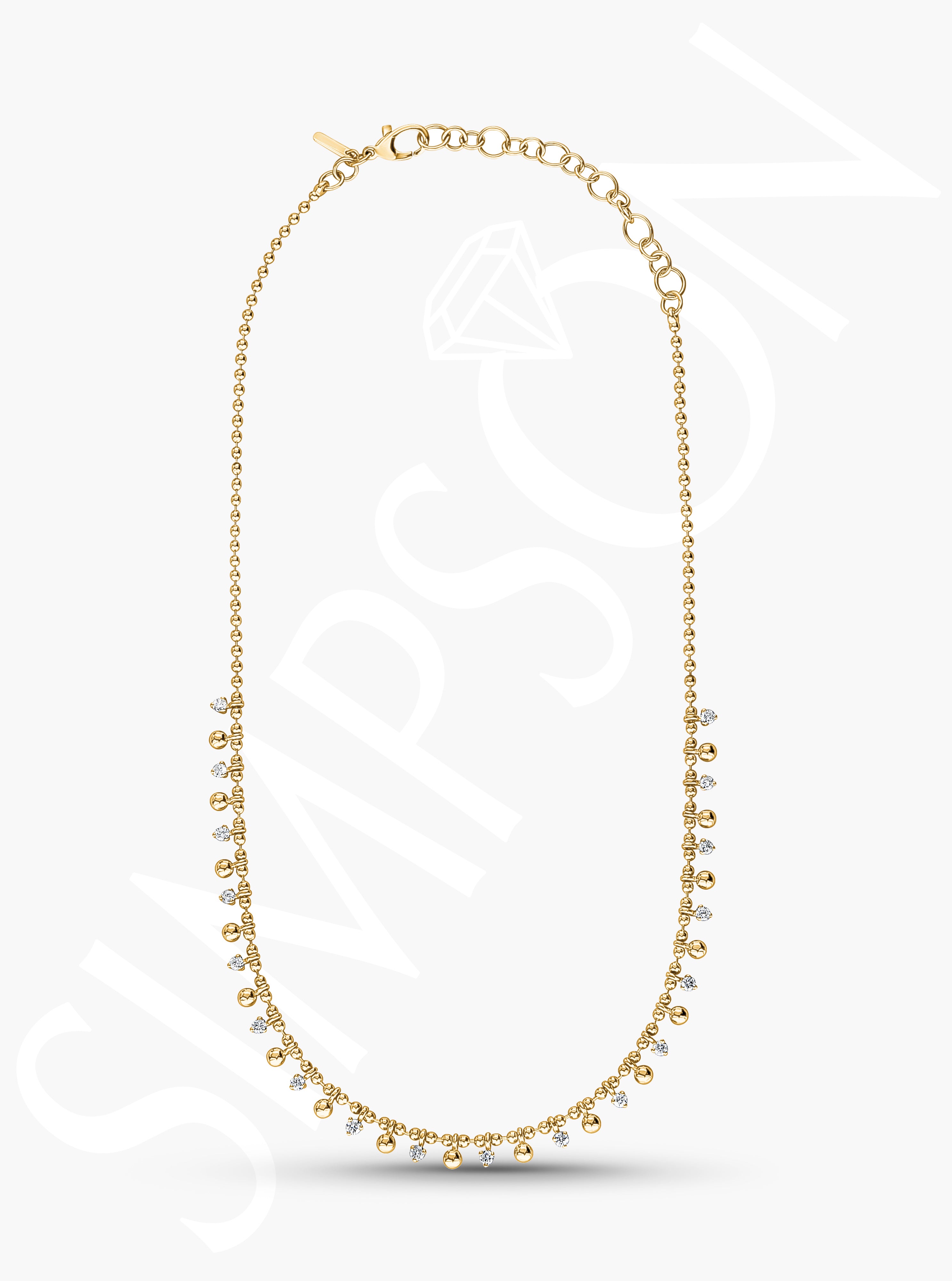 Gold Beaded Necklace with Diamond and Gold Drops