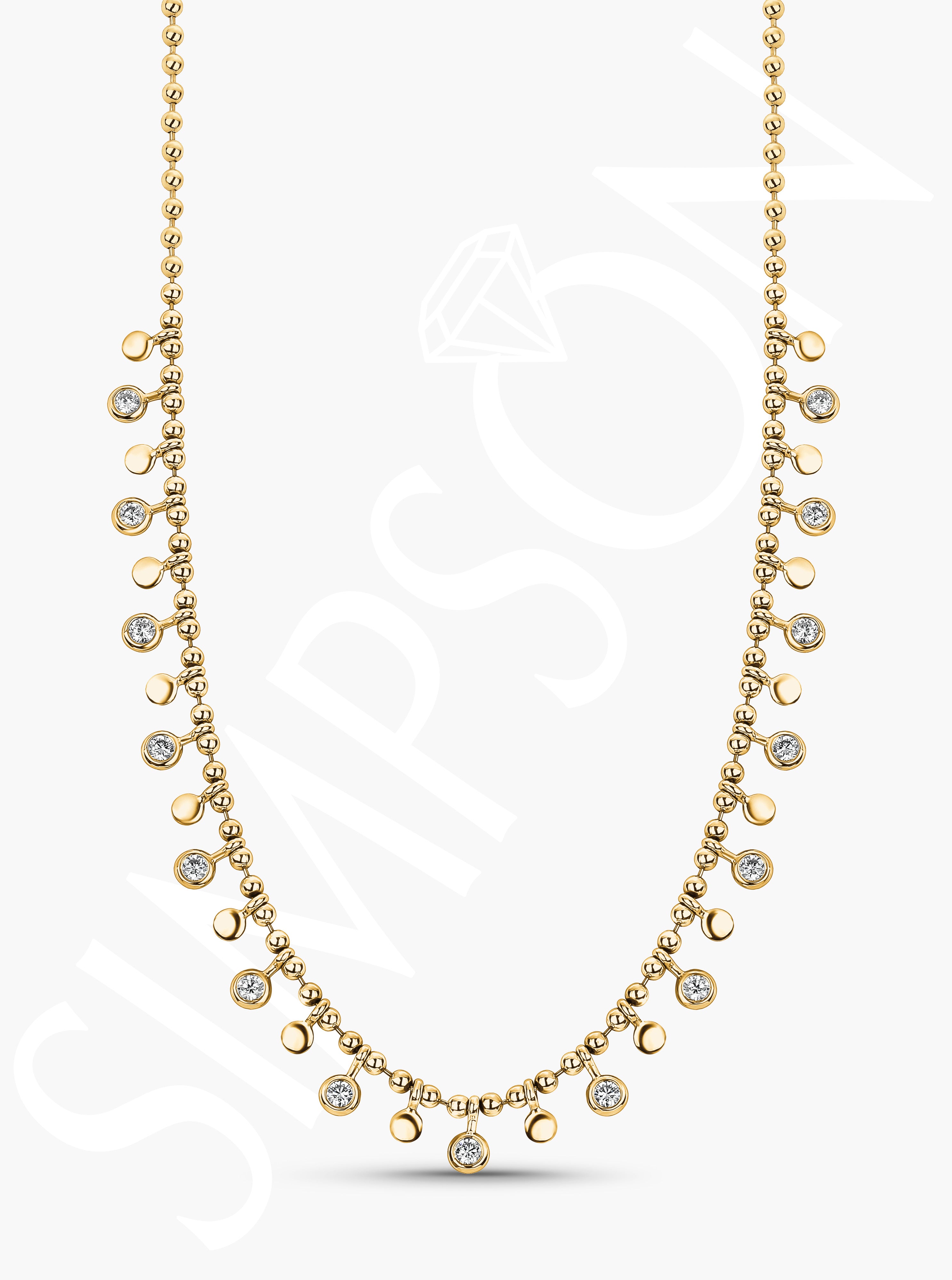 Yellow Gold Bead Necklace with Diamond Bezel and Disk Stations