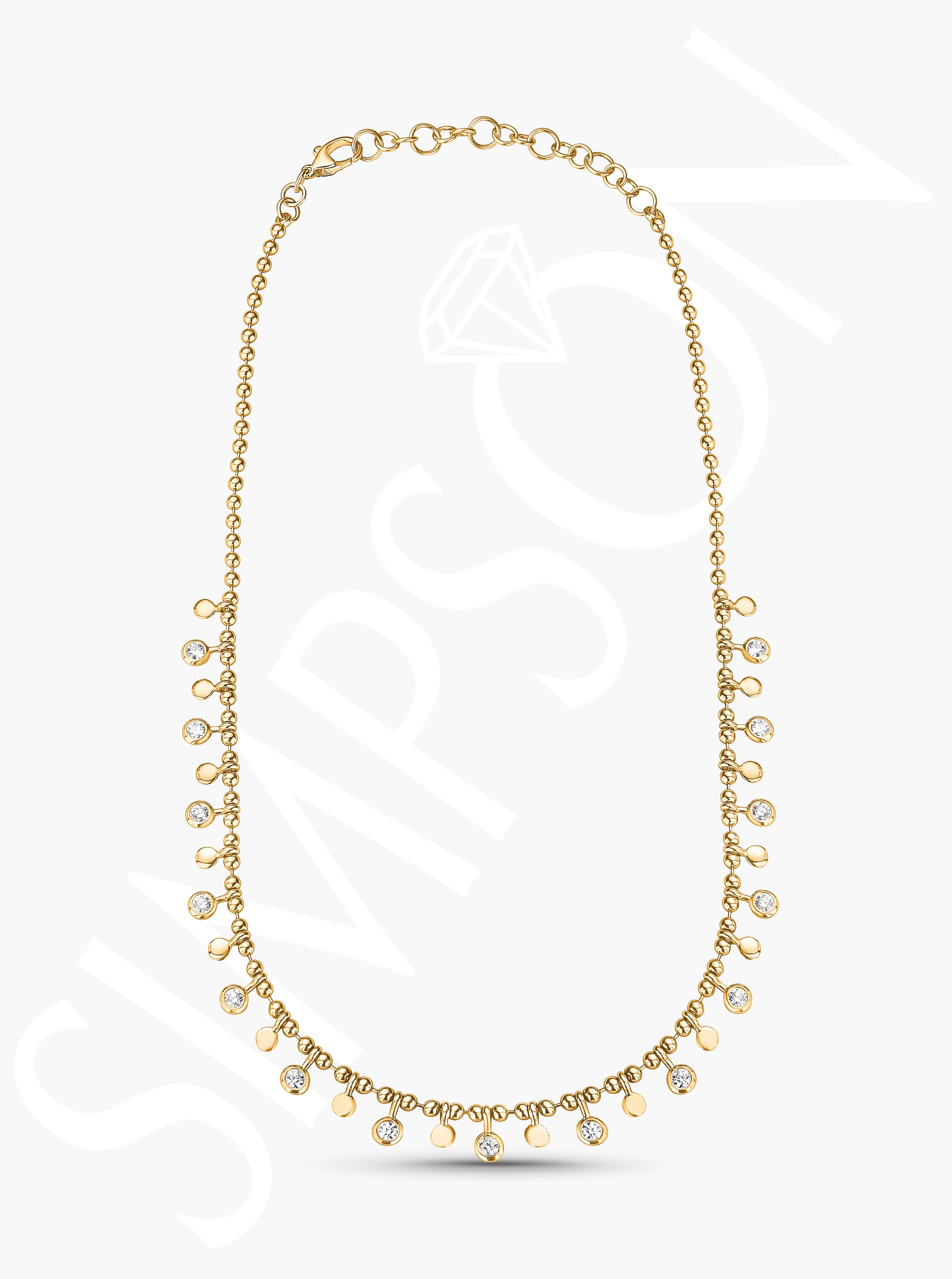 Yellow Gold Bead Necklace with Diamond Bezel and Disk Stations
