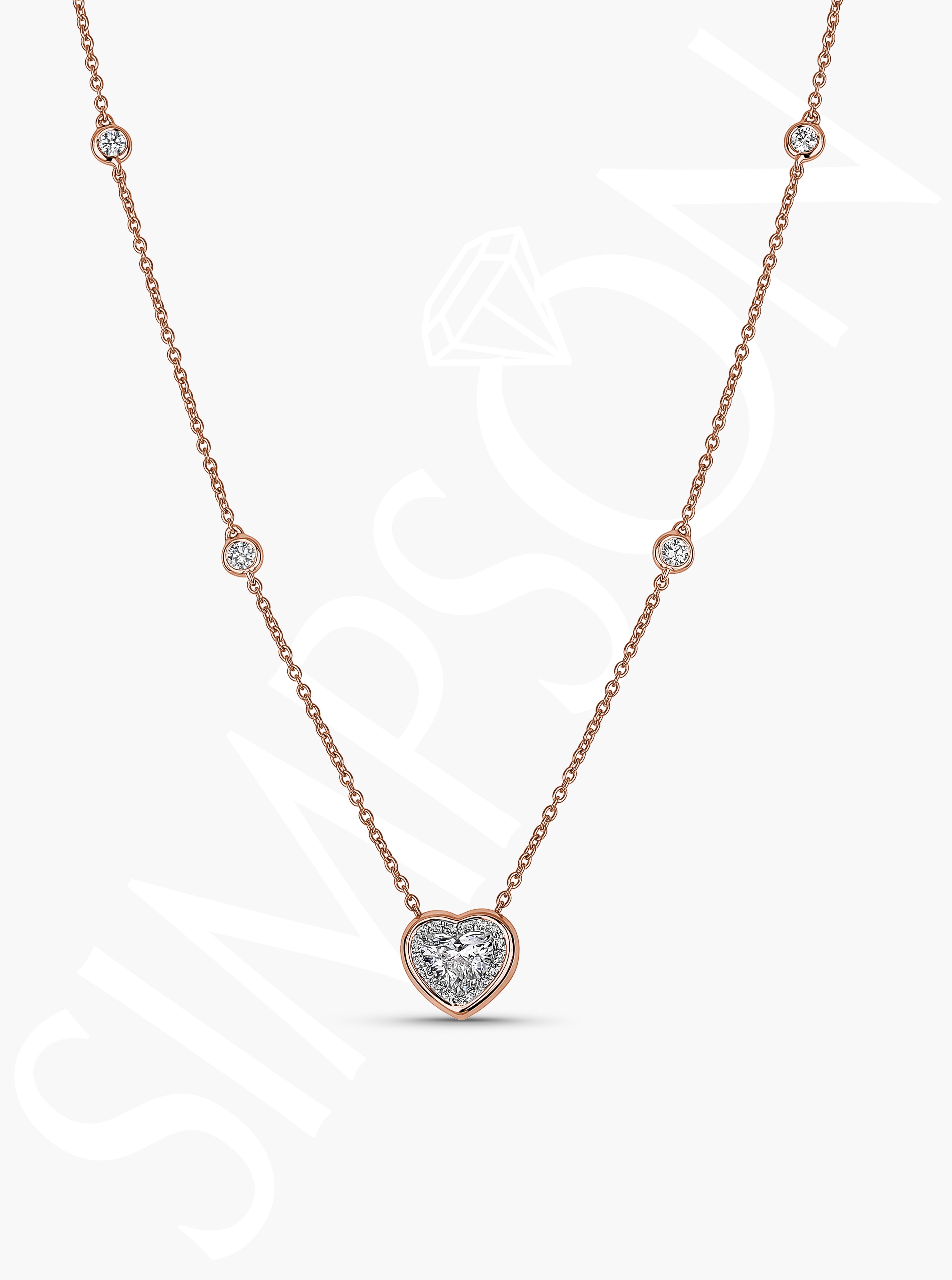 Heart Diamond Pendant Necklace with Station Diamonds