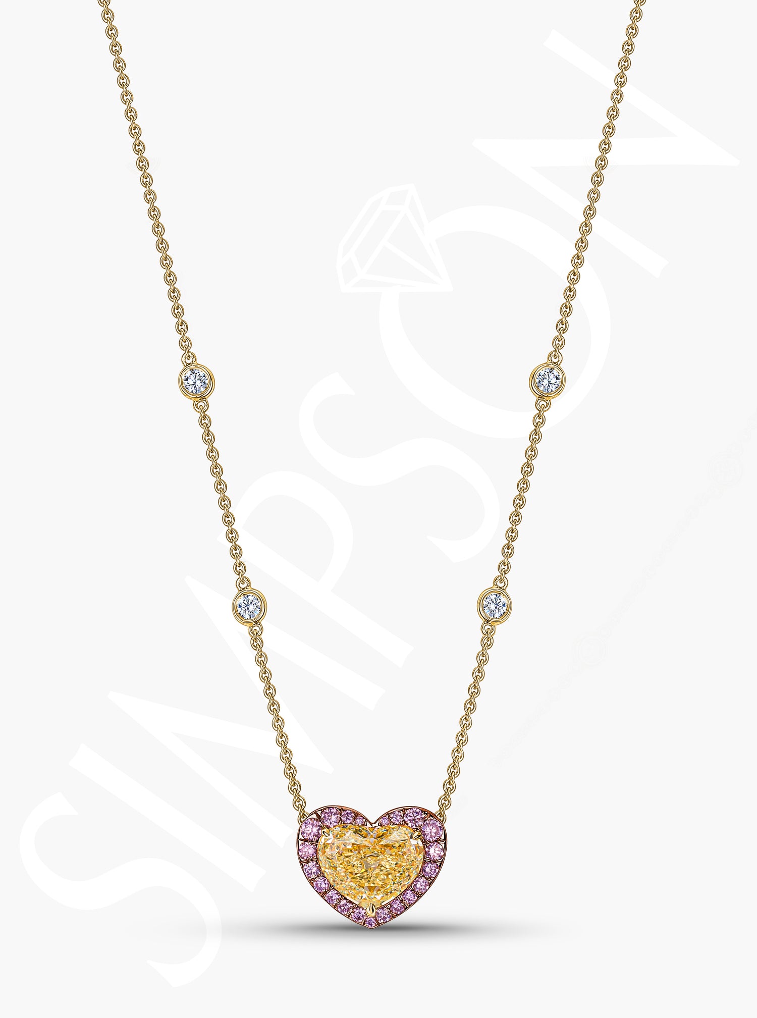 Heart-Shaped Yellow Diamond Pendant with Pink Diamond Halo