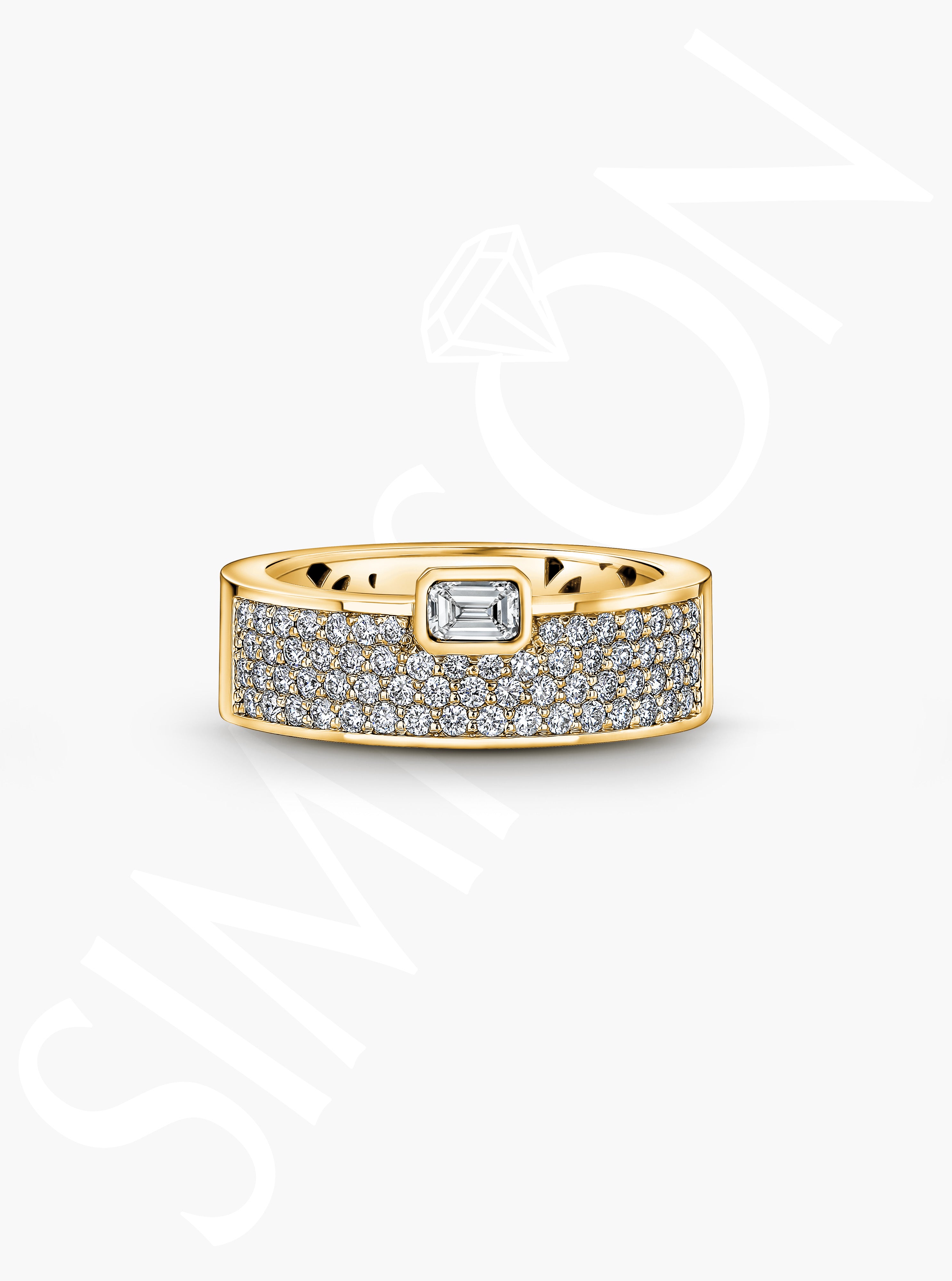 Emerald Cut Diamond Gold Band with Pavé Diamonds