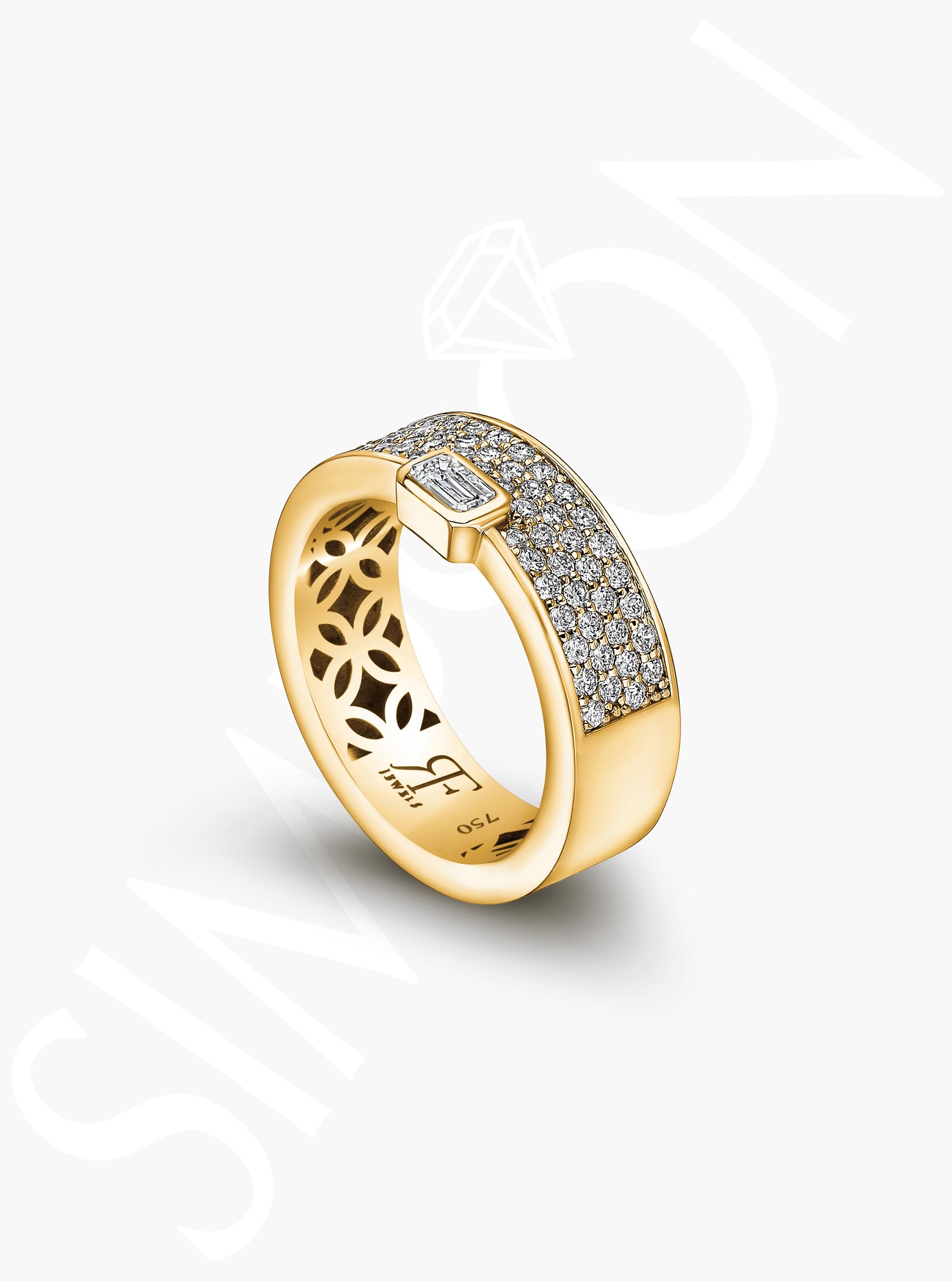 Emerald Cut Diamond Gold Band with Pavé Diamonds