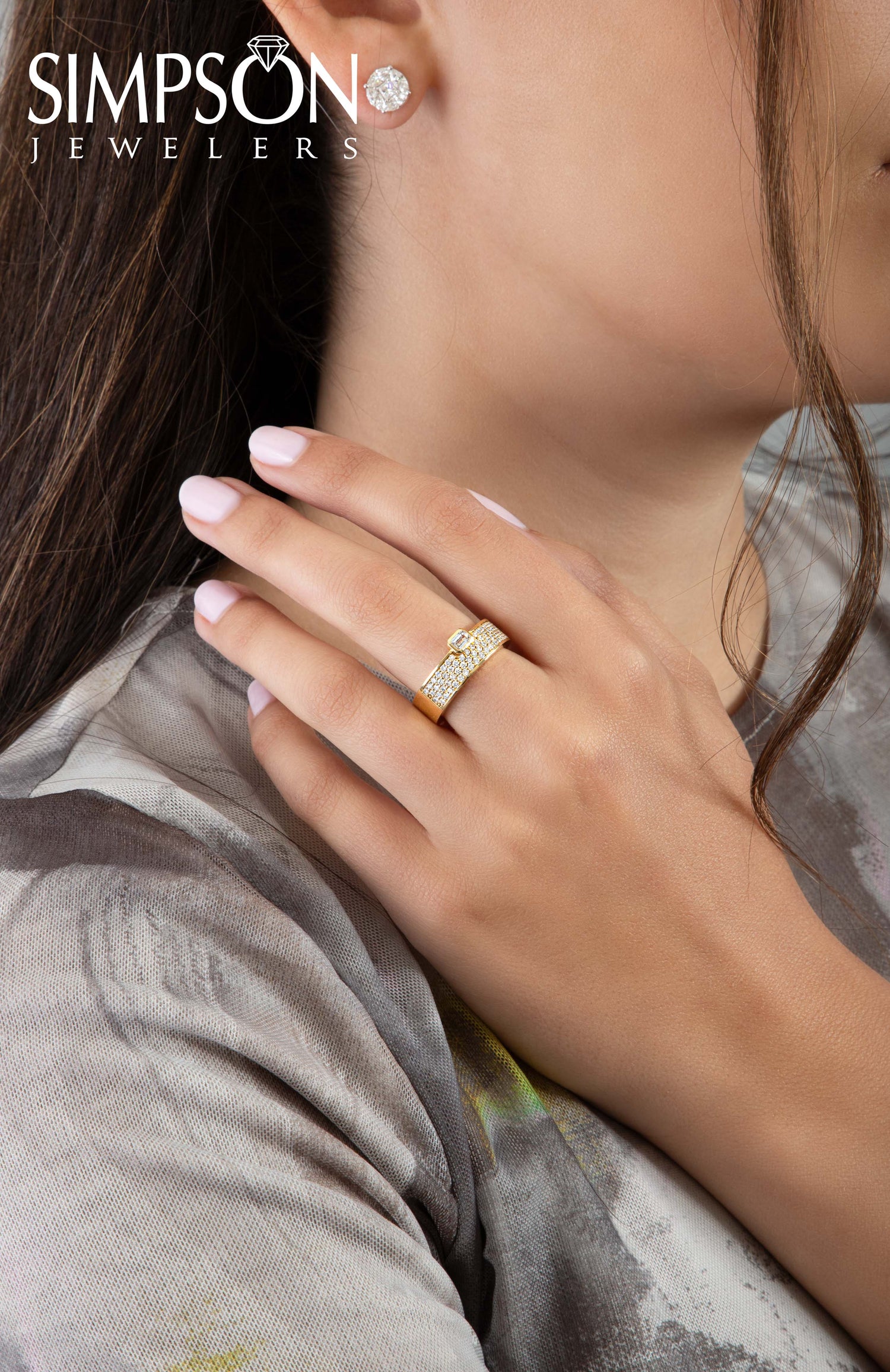 Emerald Cut Diamond Gold Band with Pavé Diamonds