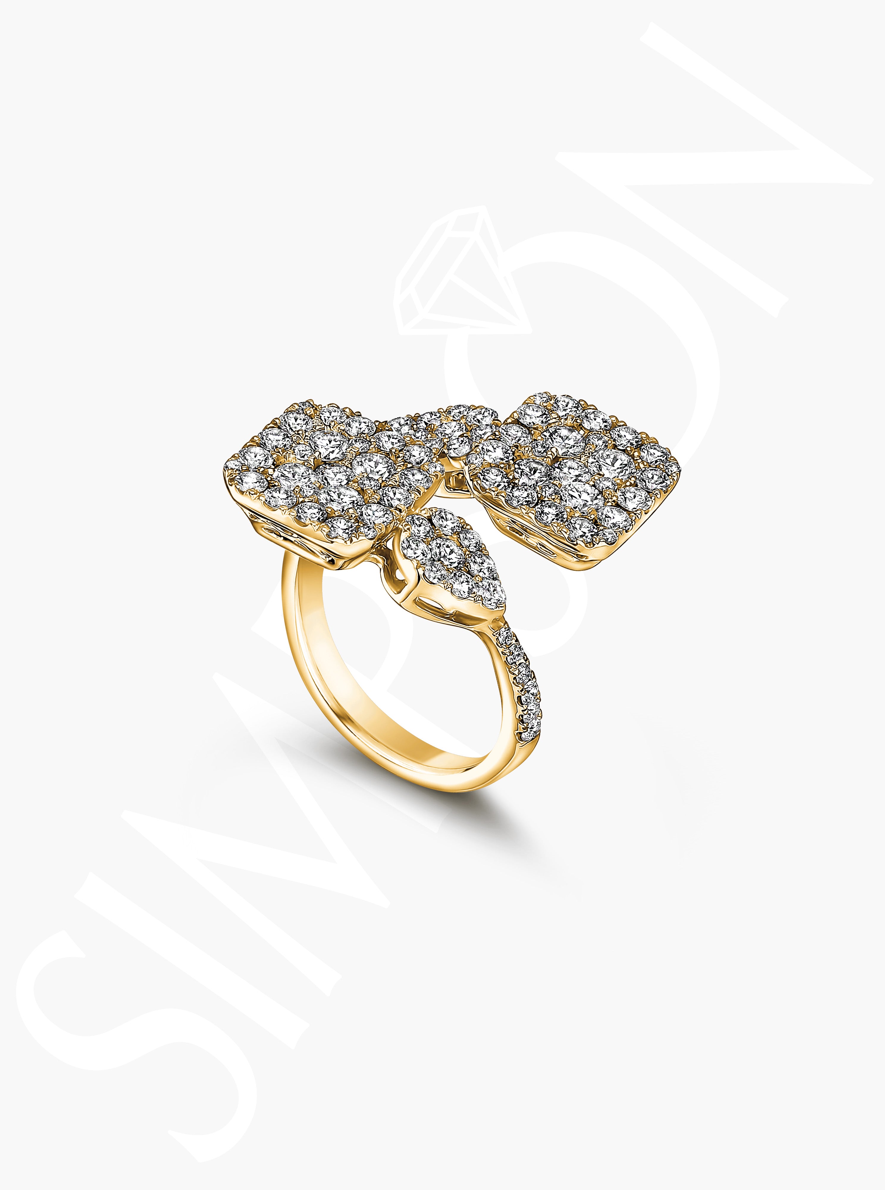 Diamond-Studded Geometric Yellow Gold Ring  