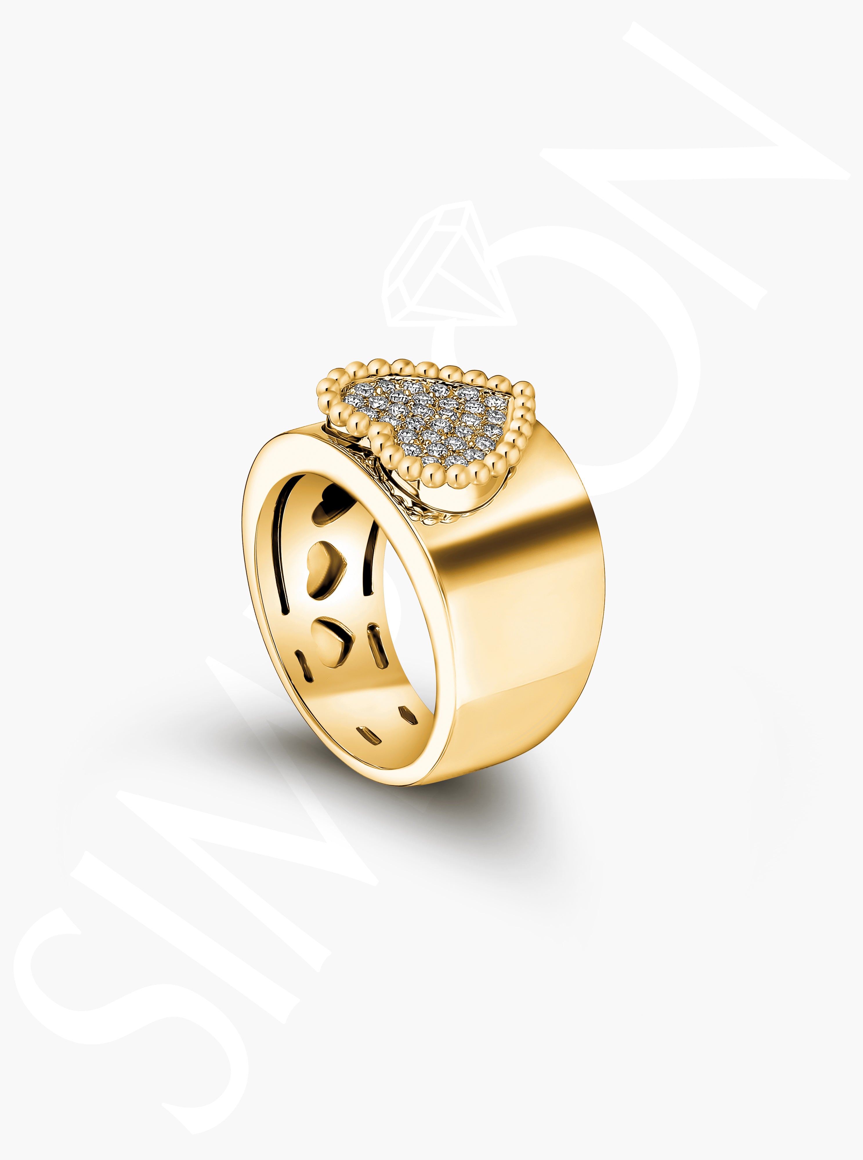 Gold Heart Diamond Pave Ring with Beaded Detail