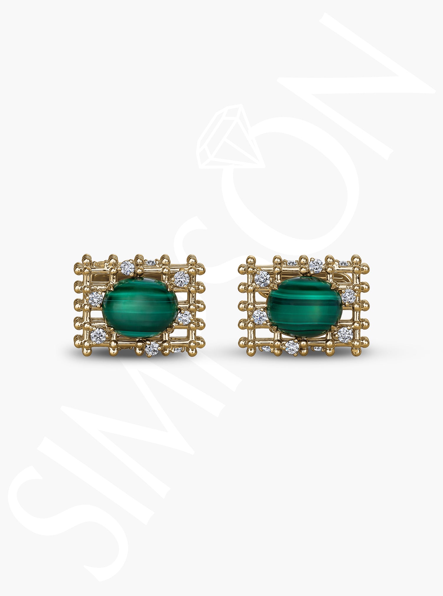 Gold Grid Malachite and Diamond Cufflinks