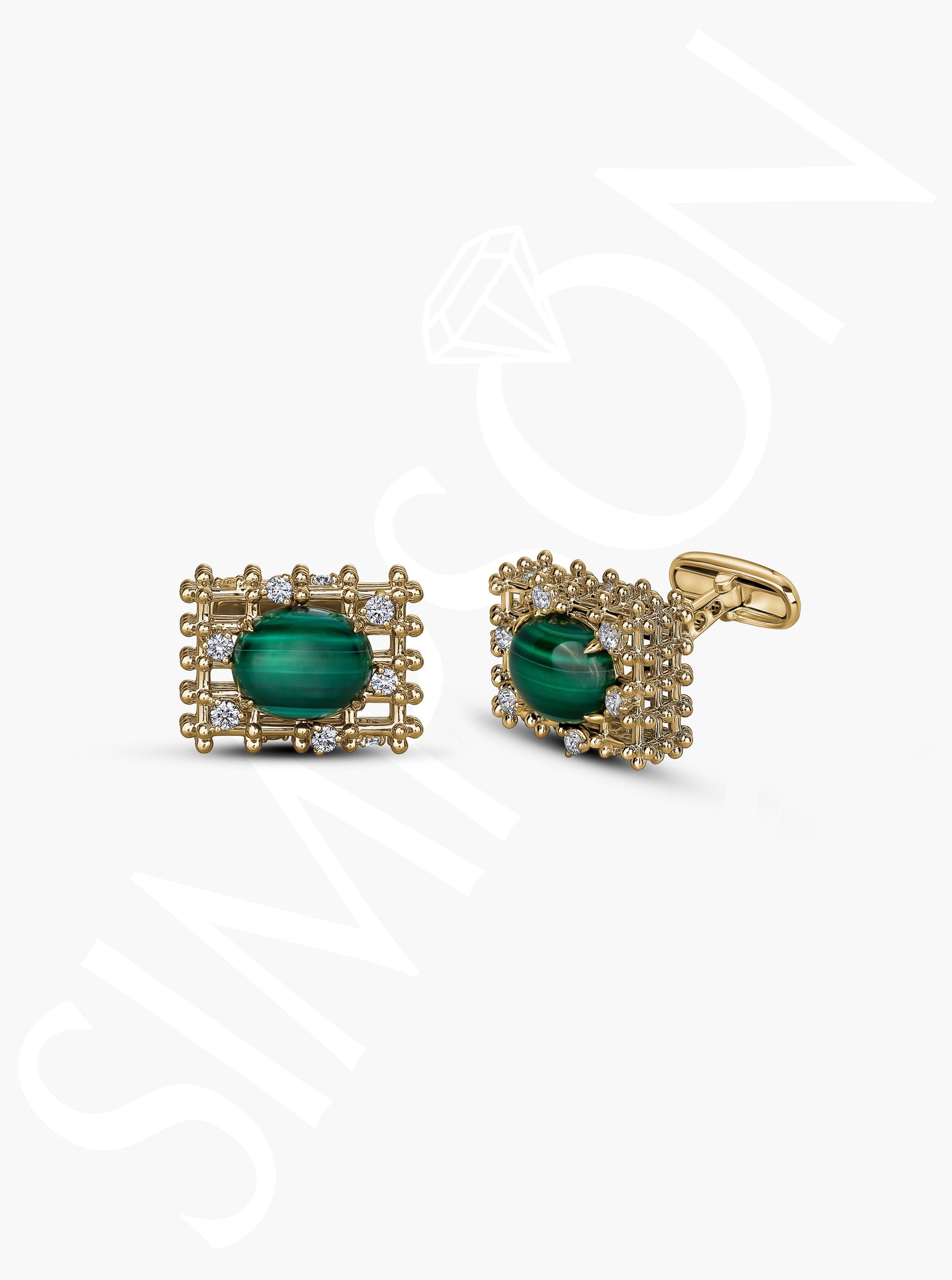 Gold Grid Malachite and Diamond Cufflinks